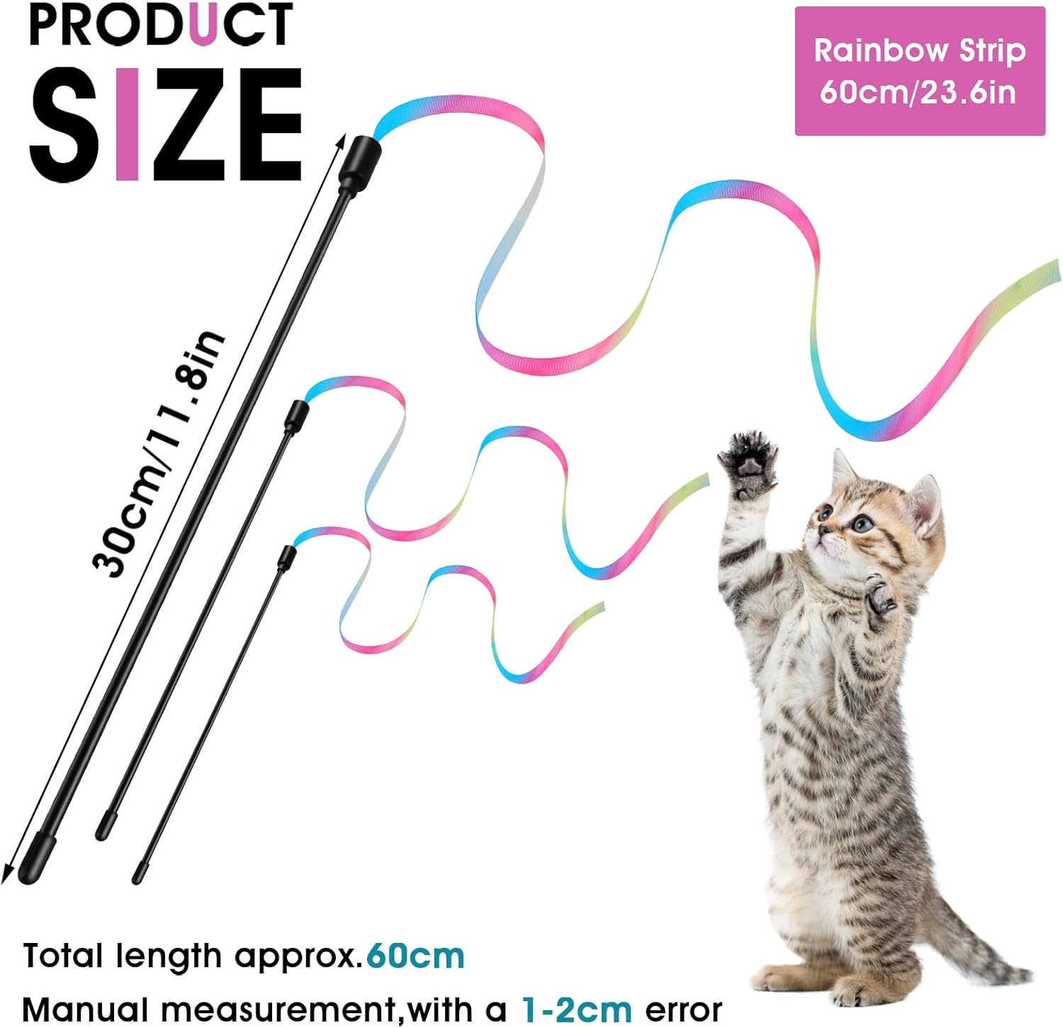Bewudy Cat Wand Rainbow Toy, 3 Pieces 28 Cm Interactive Cat Wand with 60 Cm Rainbow Ribbon Cord Interactive Rainbow Band Wand for Kittens Cats Training image number 2