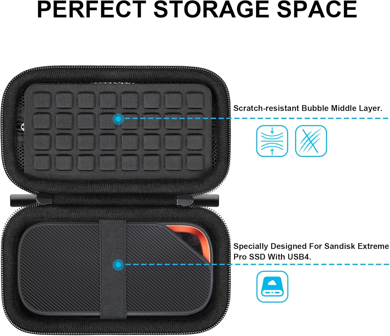 Lacdo Hard Carrying Case for Sandisk Extreme Pro with USB4 Portable SSD 2TB 4TB USB-C External Solid State Drive EVA Shockproof Water Repellent Protective Storage Travel Bag, Black image number 4