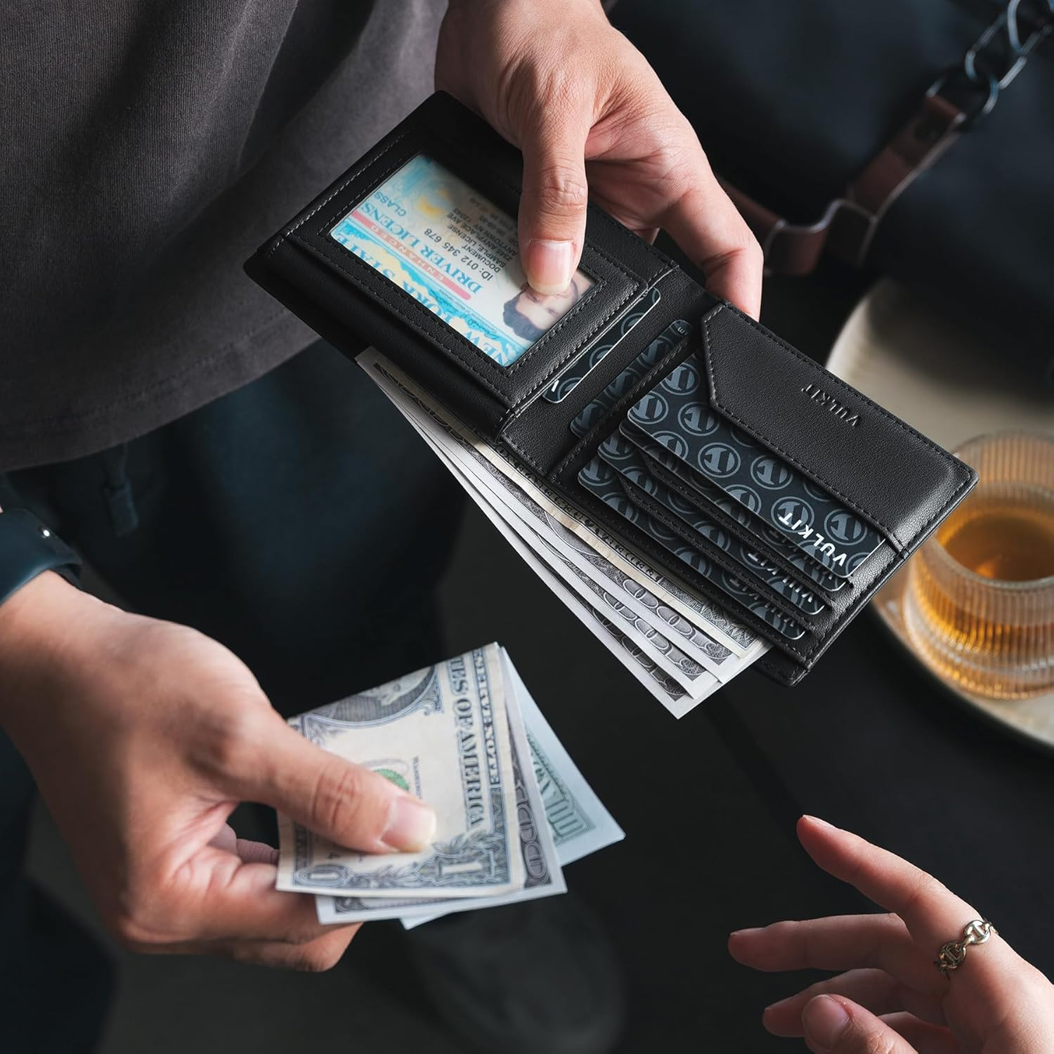 VULKIT Men'S Bifold Wallet Genuine Leather Wallet RFID Blocking with Multiple Card Slots and Double ID Windows Everyday Carry Wallet - Nappa Black image number 2