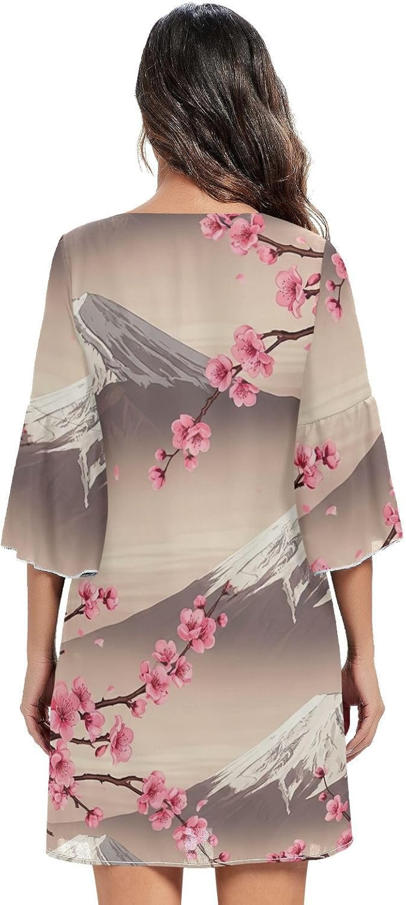 Japanese Pink Cherry Blossom Elegant V Neck Dress Printed Line Maternity Dress image number 5