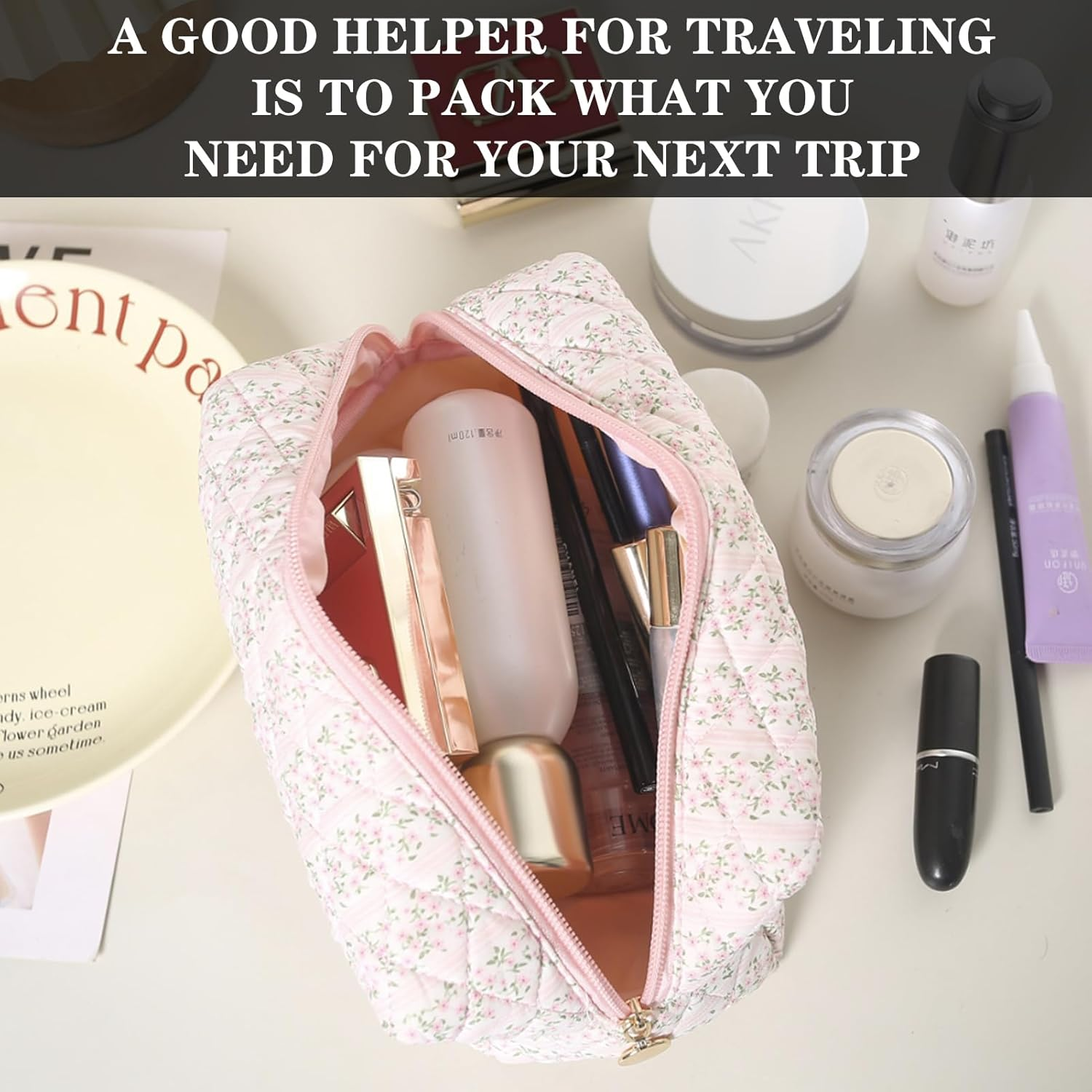 Stylish Quilted Makeup Bag, Large Floral Cosmetic Pouch with Pink Gingham Lining, Toiletry Bag for Women, Travel, and Everyday Use, Mini and Small Makeup Bag for Cosmetics image number 1