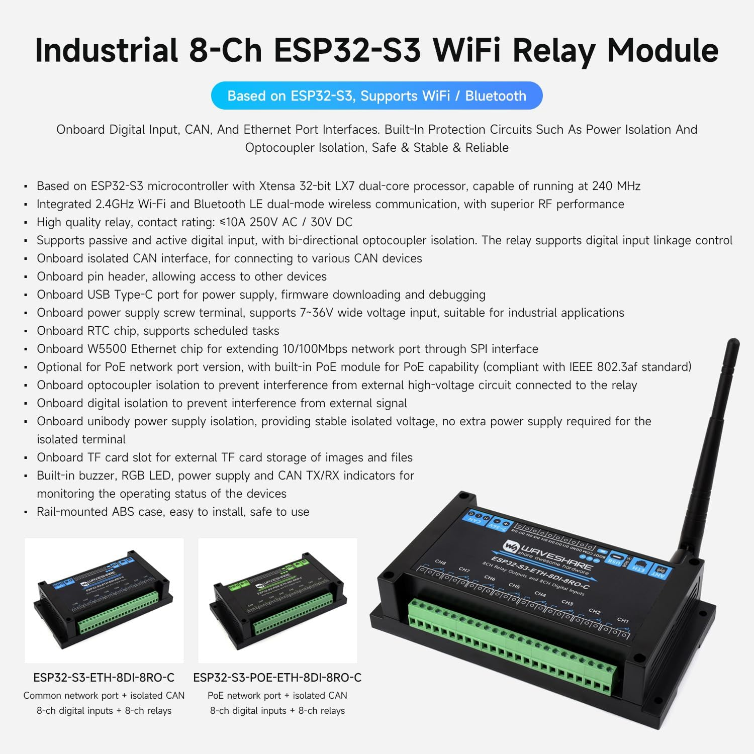 Waveshare Industrial 8-Channel ESP32-S3 Wi-F Relay Module, Isolated CAN Interface, Xtensa 32-Bit LX7 Dual-Core Processor, 240Mhz, Multiple Isolation Protection Circuits, Poe Ethernet Port