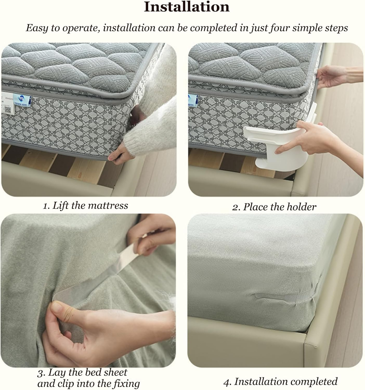 4 Pcs Non-Slip Bed Sheet Holders with 4 Transparent Lock Strips, Bedsheet Corner Tightener Clips, Secure Mattress Clips, Discrete Grippers for Fitted Sheets, Anti-Slide Bedding Fasteners (White) image number 4