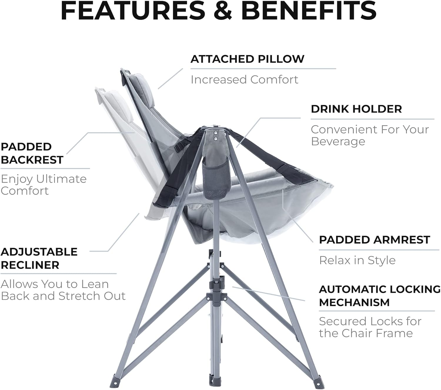 Camphor Designs Portable Swing Hammock Chair | Foldable Recliner Rocking Lounger with Headrest & Drink Holder | Outdoor Sports, Beach, Lawn, Hunting, Tailgating, Fishing | Supports 300Lbs (Grey) image number 4