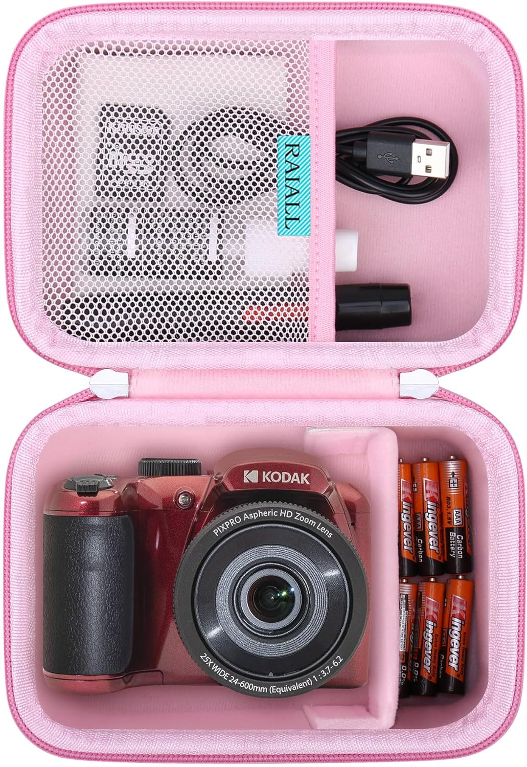 RAIALL Camera Case for Kodak PIXPRO AZ405/AZ425/AZ255/AZ401/AZ528 Digital Camera, Vlogging Camera Hard Carrying Case Protective Travel Bag, Mesh Pocket for Battery, SD Card and USB Cable, Black