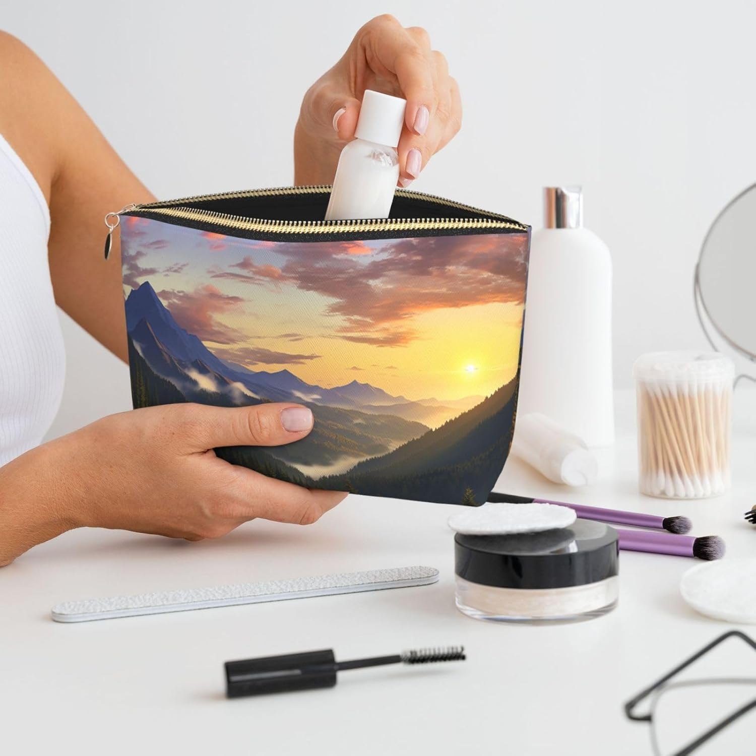 SDTYKHJ Large Capacity Makeup Bag for Women, Waterproof Portable Shaving Bag, Small Toiletry Bag Mountain Sunset Landscape Leather Cosmetic Organizer Bags for Travel, Gold, One Size image number 1