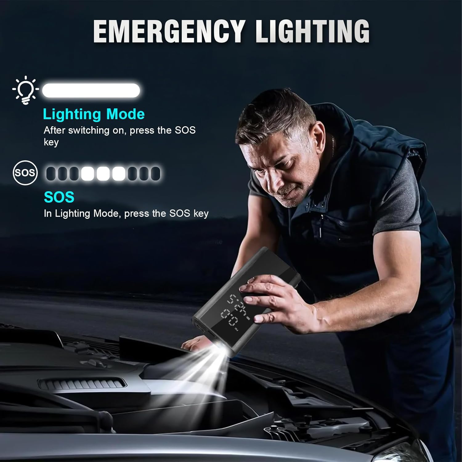 Velomira 1000A Car Battery Jump Starter with 150PSI Air Compressor, 10000 Mah Battery, 12V Car Gasoline - 5 L/Diesel - 2 L Emergency Starter, Emergency Flashlight, Smart Safety Clamp. image number 3