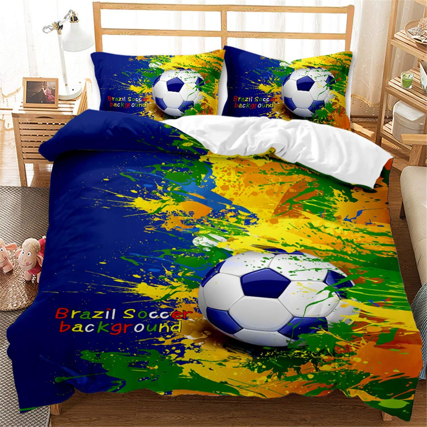 Eveone Football Duvet Cover Quilt Cover Single/Double/Queen/King Size Bed Sheets Pillowcase Set Sports World Cup Soccer Cuju Ball Games Microfiber Quilt Cover Bedding 2/3/4PCS (Queen-210*210Cm-4Pcs,9) image number 2