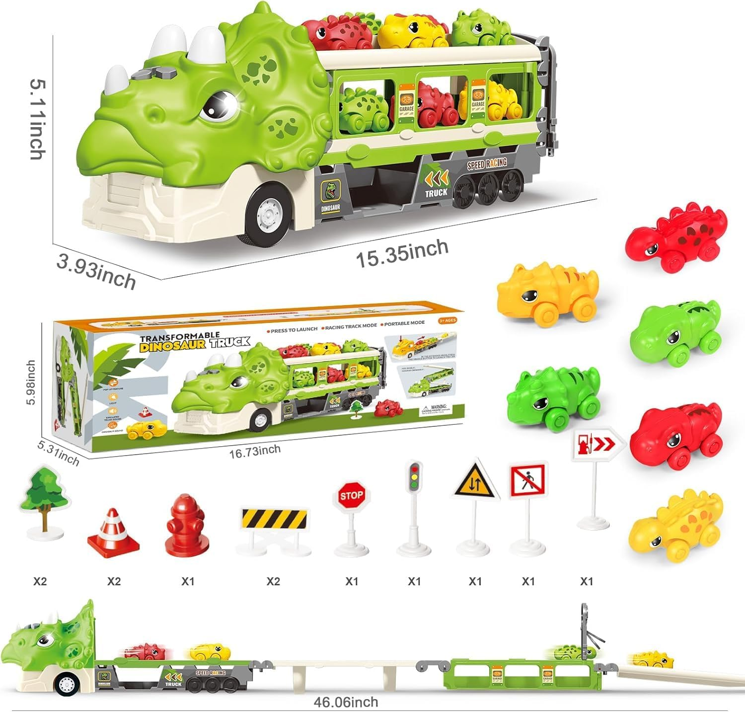 Dinosaur Hauler Truck with Ejection Race Track,1 Toy Triceratops Dinosaur Transport Carrier Truck with 6 Dinosaur Car Vehicles,Car Toys Playset with Lights Sounds,Kids Gifts