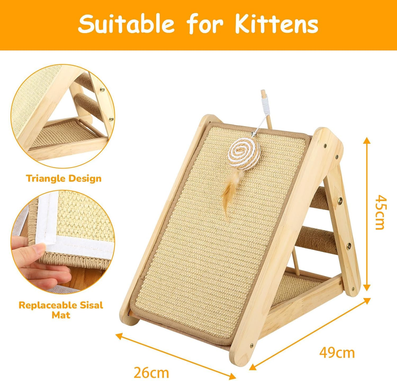 Cozioz Wooden Cat Scratching Ramp with Sisal Surface, Durable Scratch Board and Post Combo for Indoor Cats and Kittens, Includes Interactive Wood Cat Teaser Toy image number 6