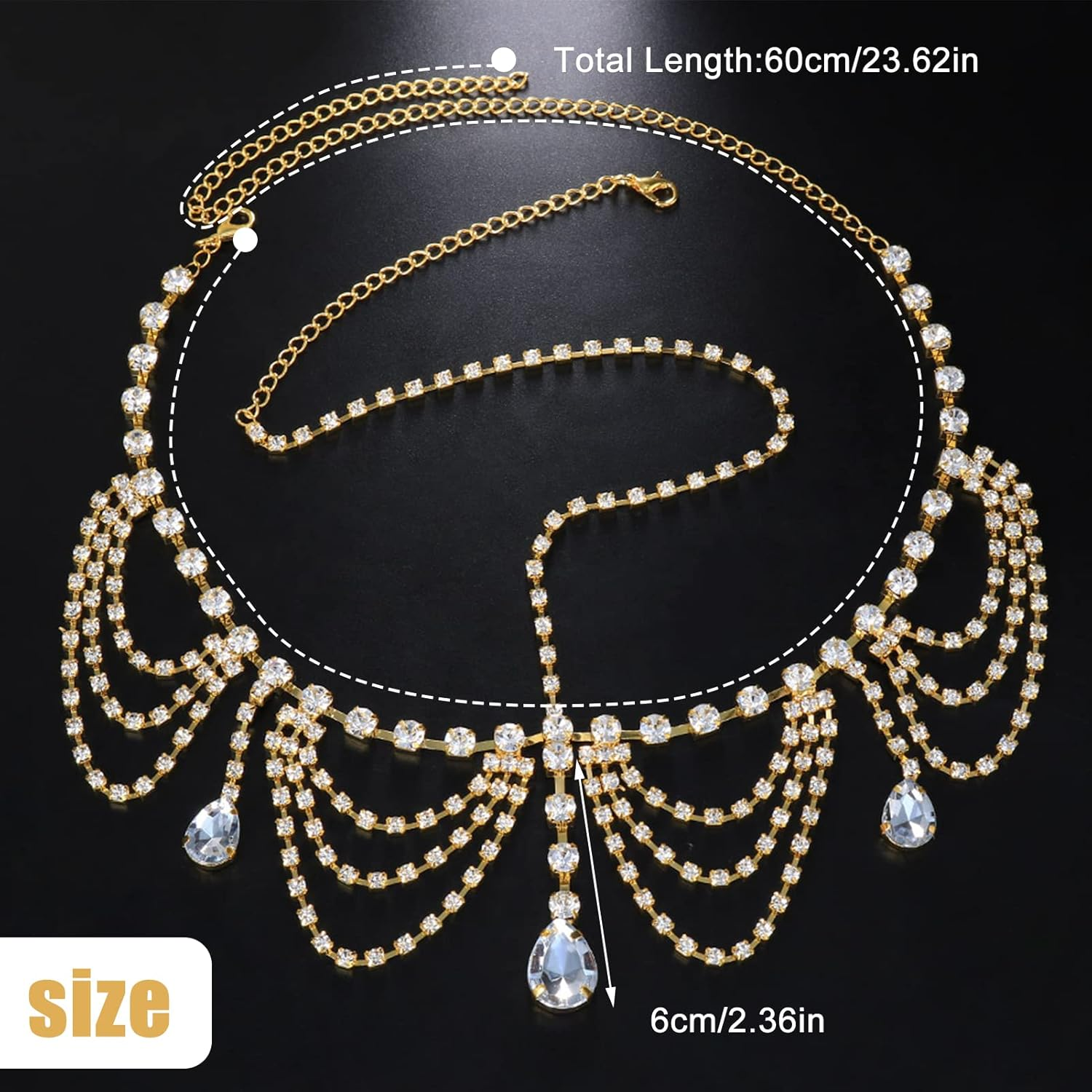 NICENEEDED Forehead Tassel Rhinestone Head Chain, Gold Crystal Layered Hair Chain Jewellery, Boho Sparkly Teardrop Rhinestone Headpiece Hair Accessories for Wedding, Prom, Party, Daily Life image number 5