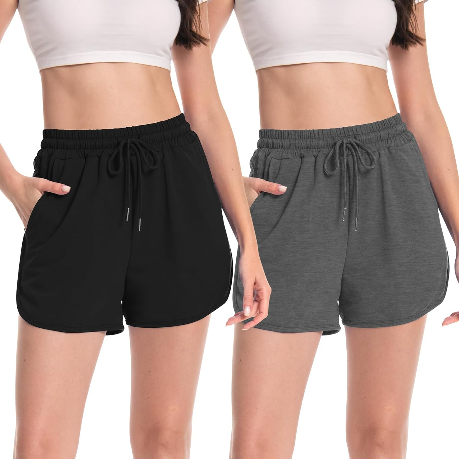 Rolcoassuns 2 Pack Womens Running Shorts Jogger Casual Cotton Sweat Shorts Comfy Lounge Bermuda Hiking Sports Athletic Tracksuit Bottoms with Pockets