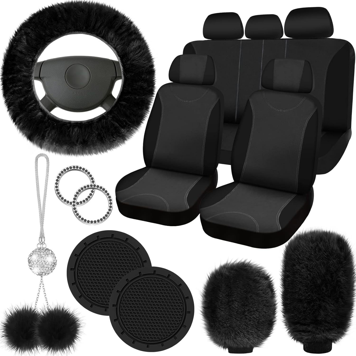 Fulmoon 17 Pcs Car Seat Cover Full Set for Women Universal Fit Front Rear Covers, Fluffy Steering Wheel Fleece Handbrake Shift Cover, Hanging Accessory Holder Ring Emblem Sticker (Black)