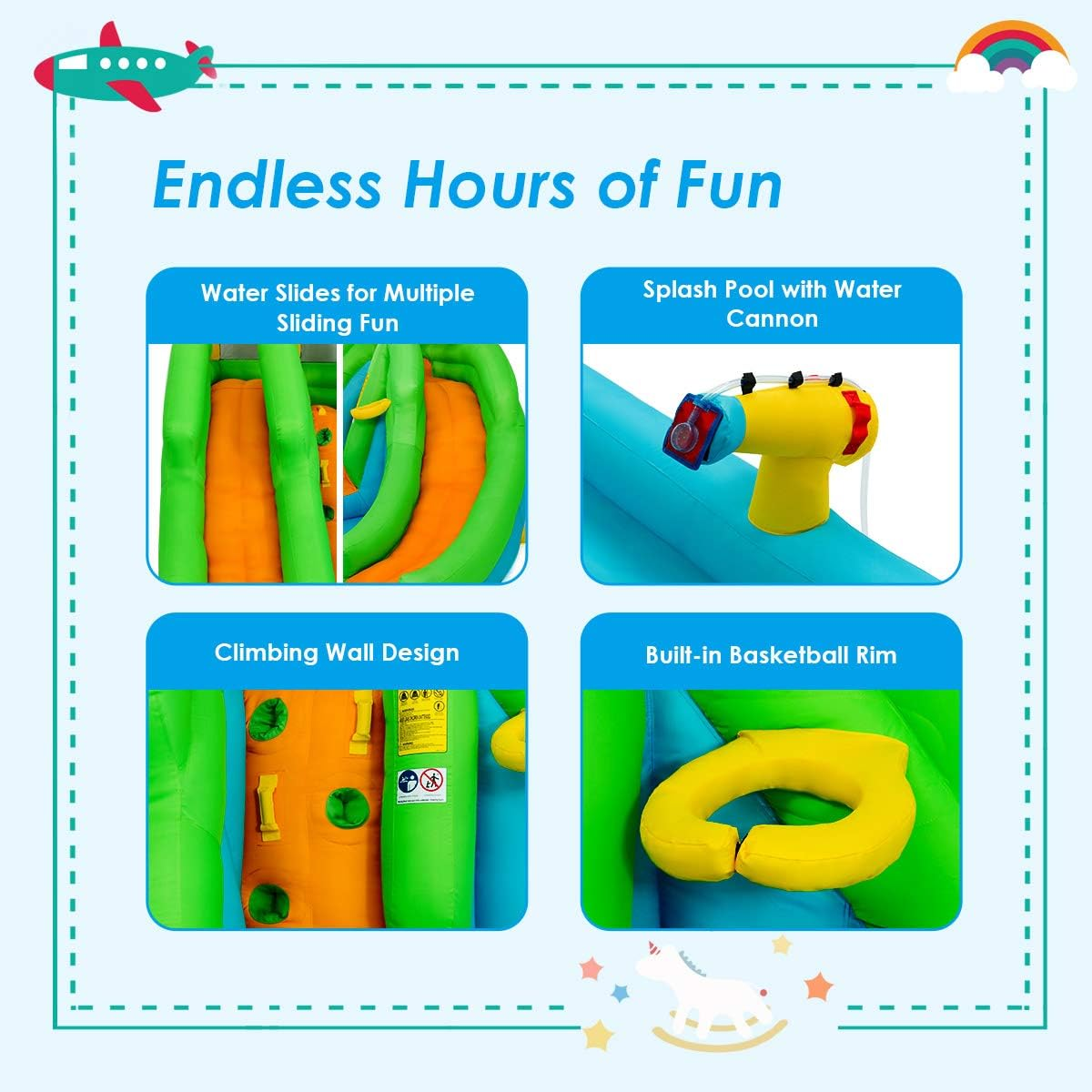 HONEY JOY Inflatable Water Slide, 6 in 1 Inflatable Castle Water Park W/Climbing Wall, Basketball Rim, Large Bounce House, Splash Pool, Water Cannon, Kids Water Slides for Backyard (Without Blower) image number 6