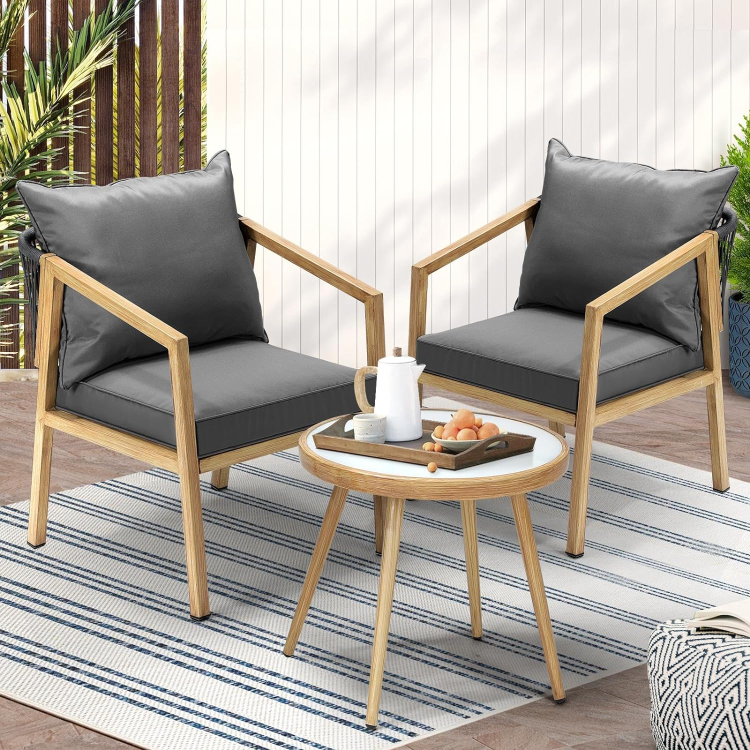 Livsip 3Pcs Outdoor Table and Chairs Patio Garden Outdoor Furniture Bistro Set with Cushion image number 2