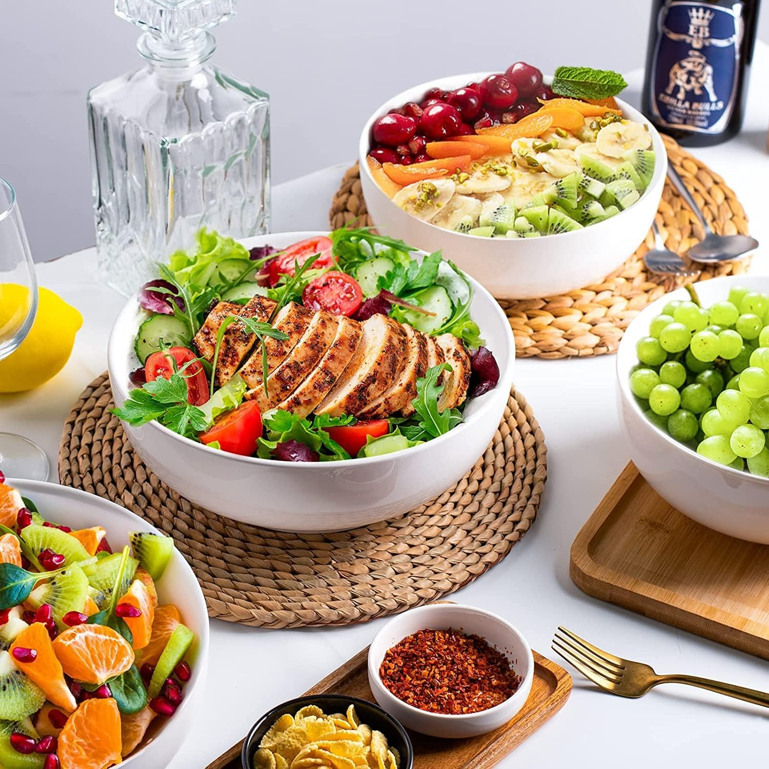 HUIRUMM Large Serving Bowls Set,9" White Serving Bowls, Set of 2 Large Salad Bowls,Ceramic Pho Bowls for Kitchen,Side Dishes, Pasta, Dinner Parties, Kitchen Decor, Microwave & Dishwasher Safe image number 1