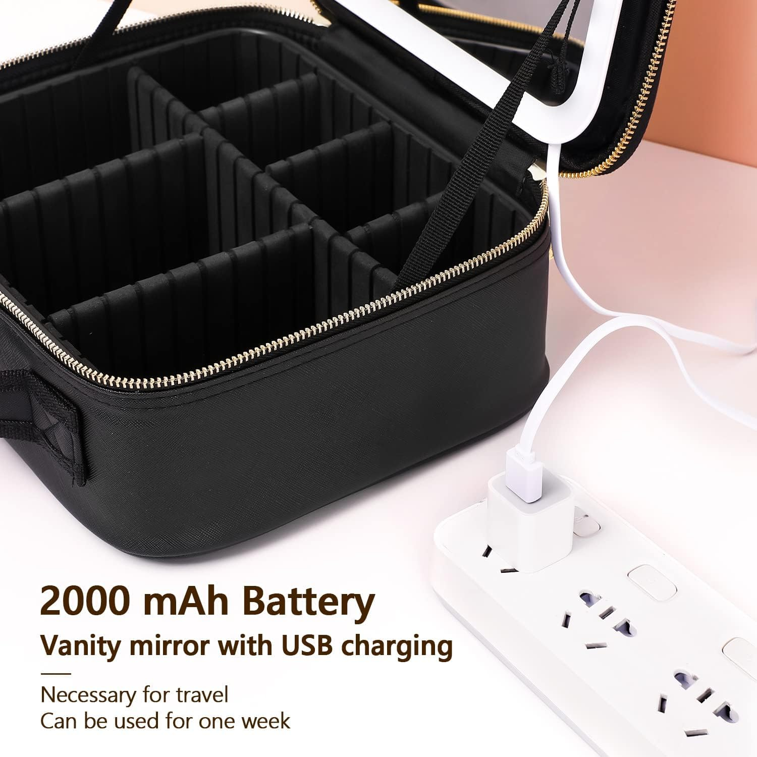 Travel Makeup Bag with LED Lighted Make up Case with Mirror 3 Color Setting Cosmetic Makeup Box Organizer Vanity for Women Beauty Tools Accessories Case Rechargeable, Black, Travel Makeup Bag image number 5