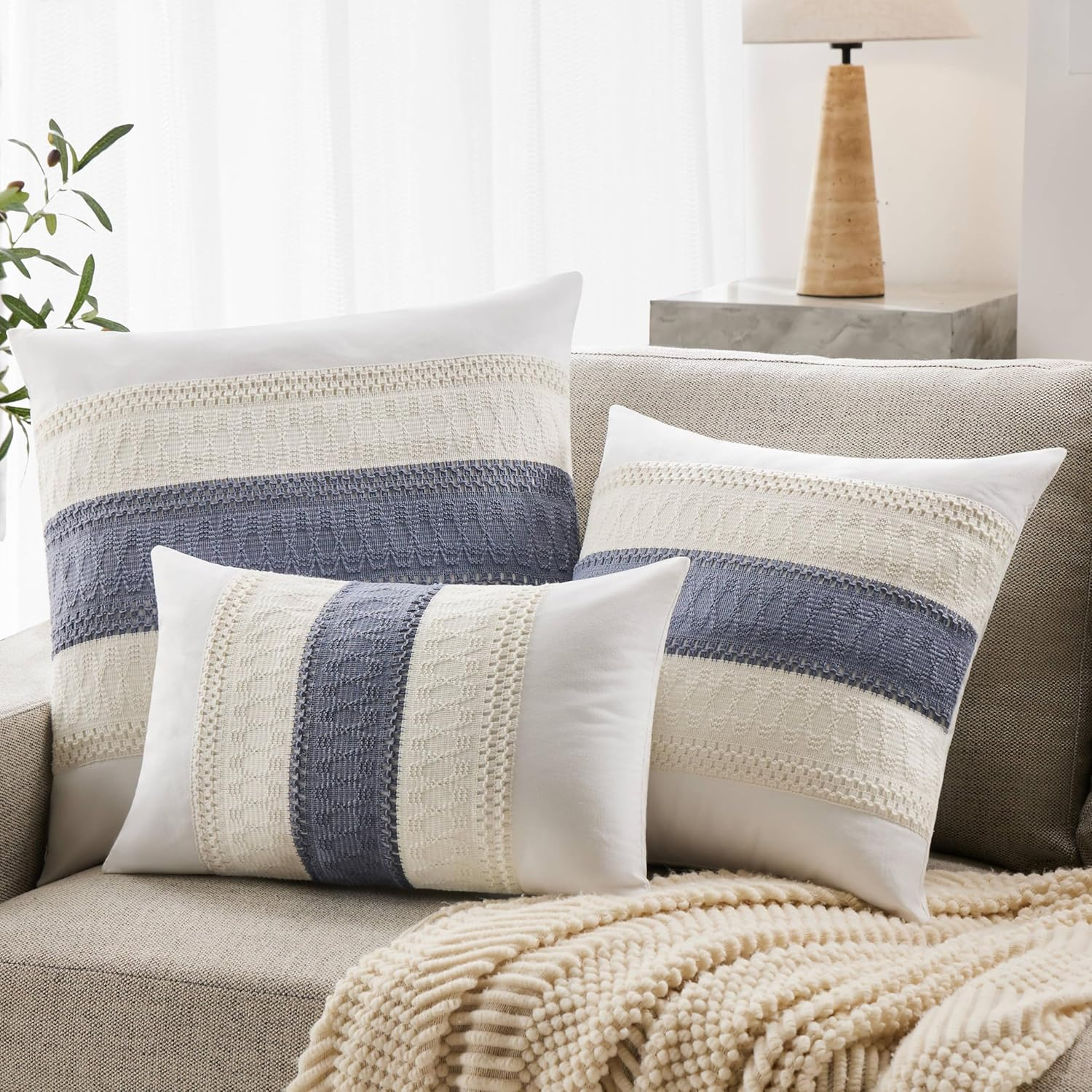 YZJZEDS Soft Cotton Boho Throw Pillow Covers Set of 2, Natural White/Contrast Blue 20X20 Inch, Blue Farmhouse Decorative Cushion Covers for Sofa Bed Living Room Home Decor image number 3