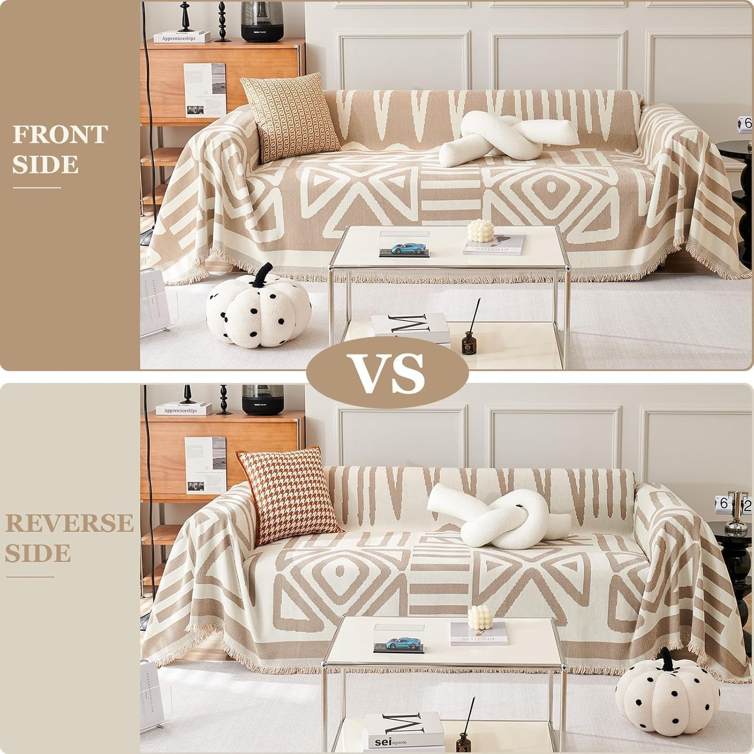 Double Sided Chenille, Soft Sofa Cover Towel, Couch Slipcovers with Tassels Couch,Stylish Sofa Cover Can Be Used as Sofa Blanket, Shawl, Usable in All Seasons (Beige-White, 180 * 300Cm)