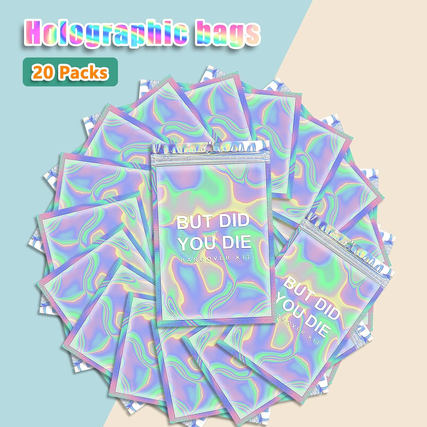 Hangover Kit Bags DID You DIE Holographic Hang over Recovery Bags Bachelorette Party Supplies Gift Bags for Bach Party Favors 5X7/ Pack of 20 (DID You DIE) Clear image number 1