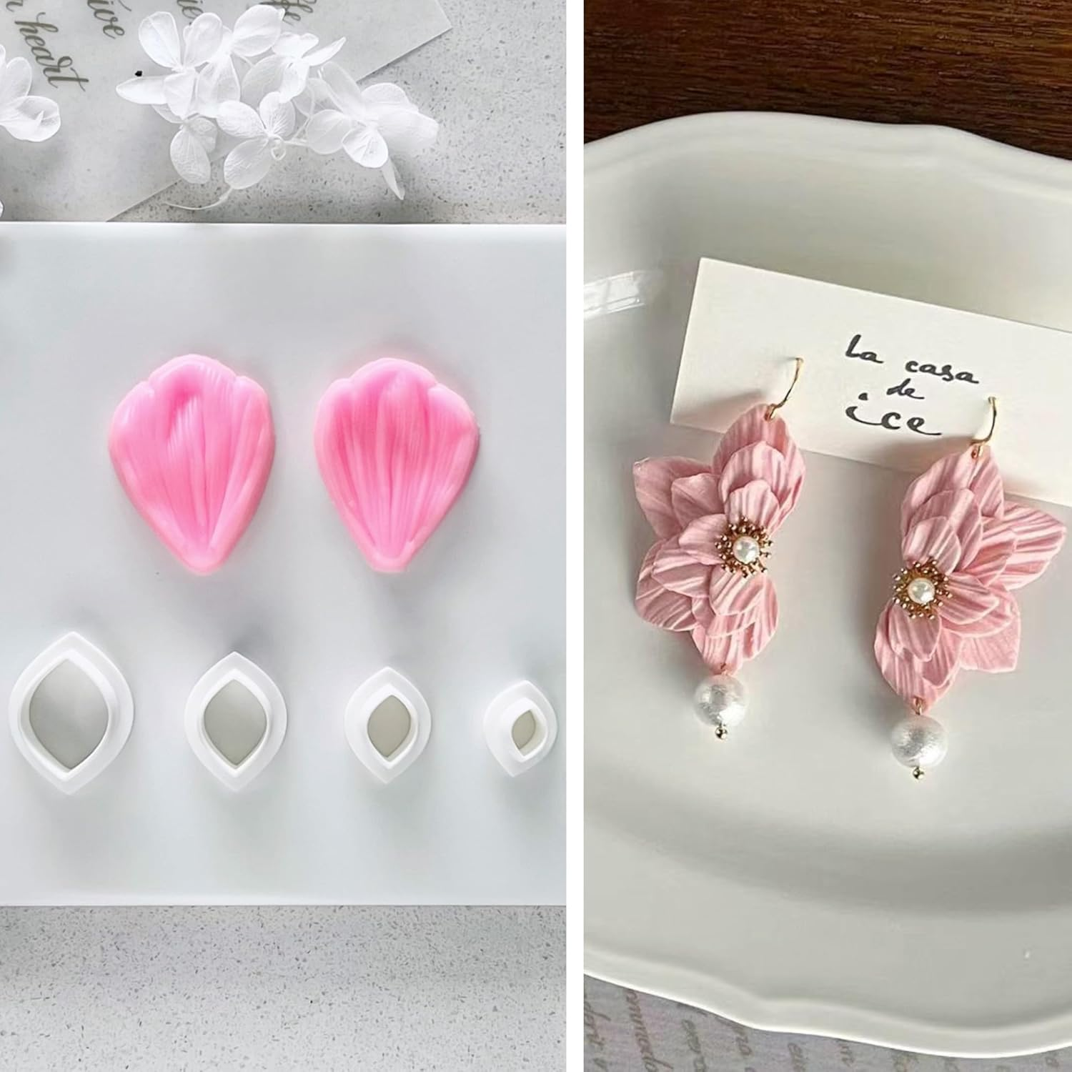 Flower Petal Clay Cutters - 3Pcs Polymer Clay Cutters for Earrings Making with 1Pc Petal Press Mold - Jewelry Making Tools