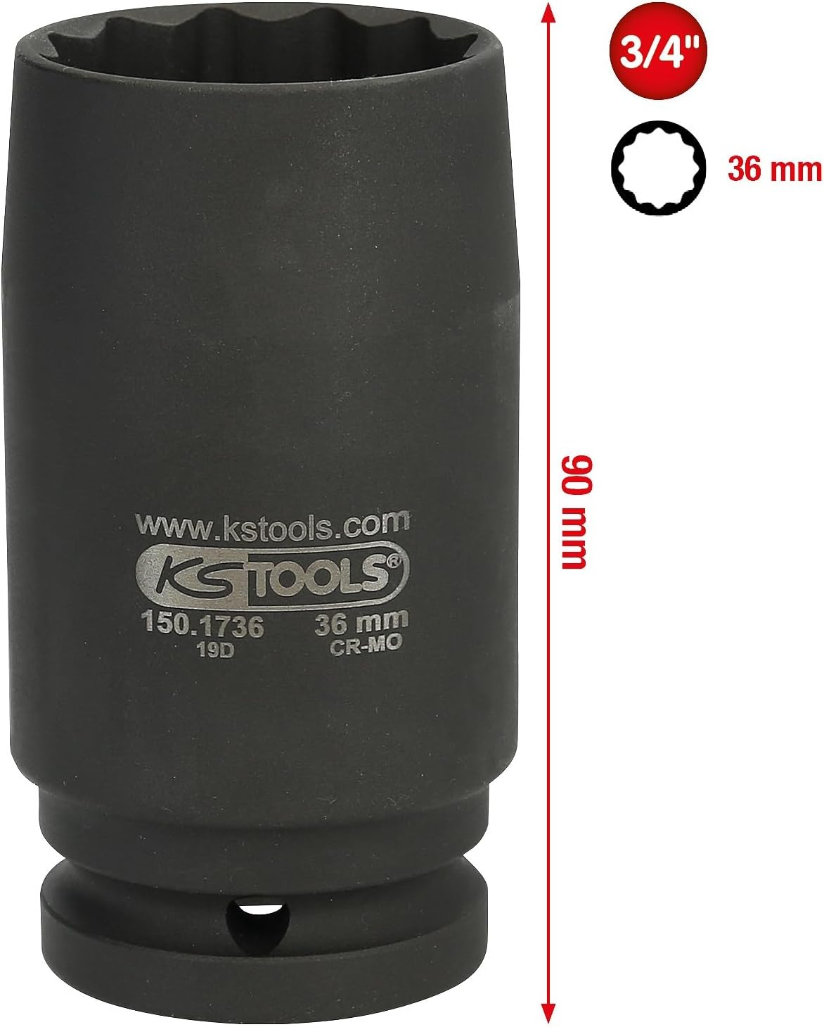 KS Tools 150.1736 Antriebswellen-Kraftstecknuss, 12-Kant, 3/4 Zoll, D&uuml;nnwandig, 36Mm Drive Shaft Impact Socket Point 3/4 Inch Thin-Walled 36 Mm image number 6