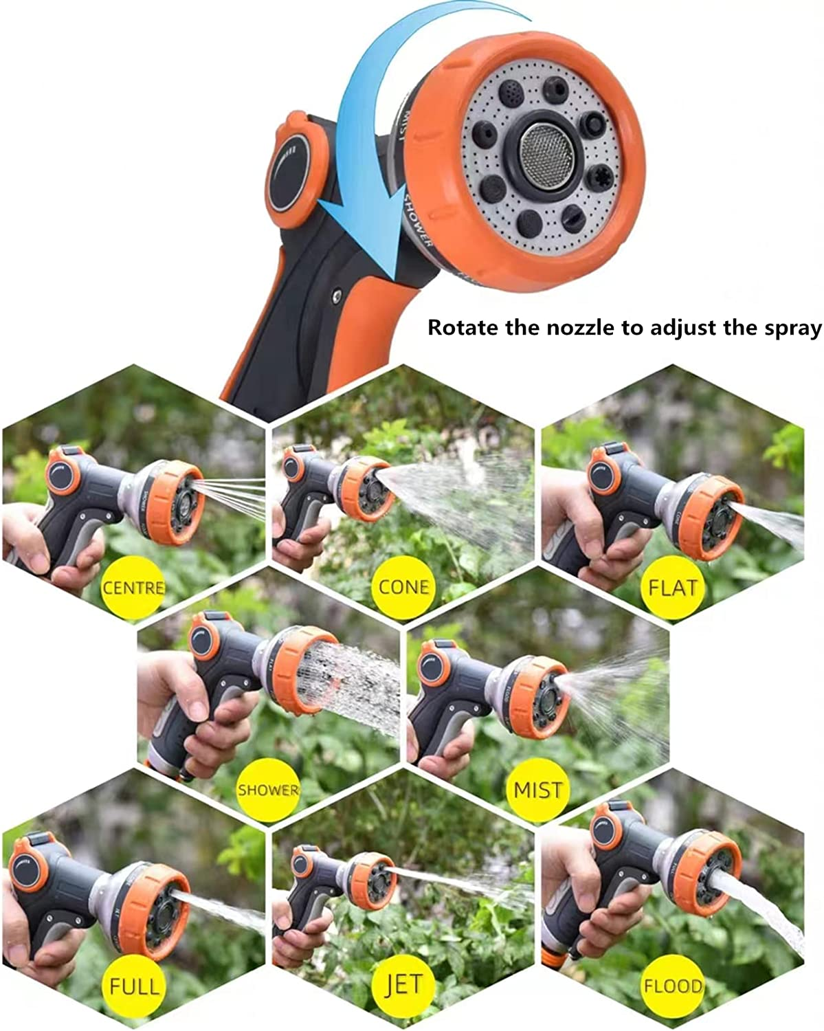 Water Nozzle,Garden Hose Nozzle,Multi Garden Hose Spray Gun,8 Watering Patterns High Pressure Nozzle Sprayer for Watering Lawn,Car Washing,Cleaning,Pets Wash (Black & Orange)
