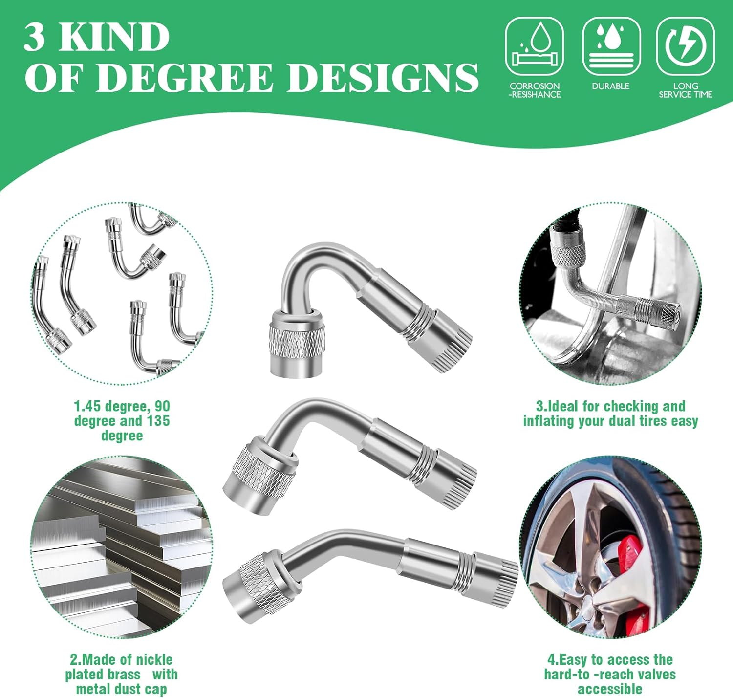 15Pcs Valve Stem Extension with Tire Valve Stem Cores Kit, 45 90 135 Degree Stainless Steel Valve Stem Extender and 7" 12" Brass Braided Stem Extension Adaptors for Most Cars Truck image number 1