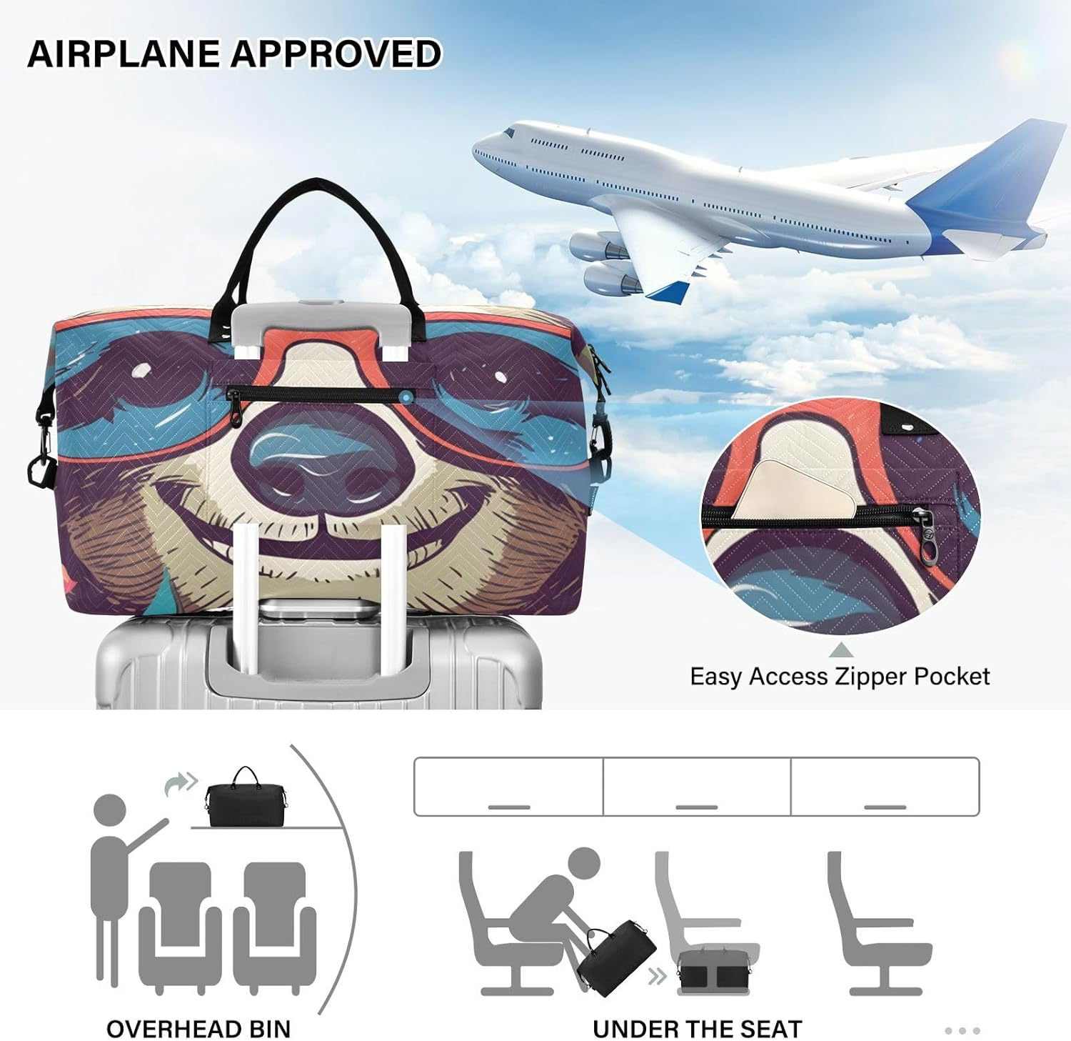 XYMZR Large Travel Duffel Bag, Happy Sloth Glasses Sports Tote Gym Bag, Shoulder Weekender Overnight Bag for Women Men, Carry on Luggage with Toiletry Bags, Multi-Colored, Multi-Colored image number 5