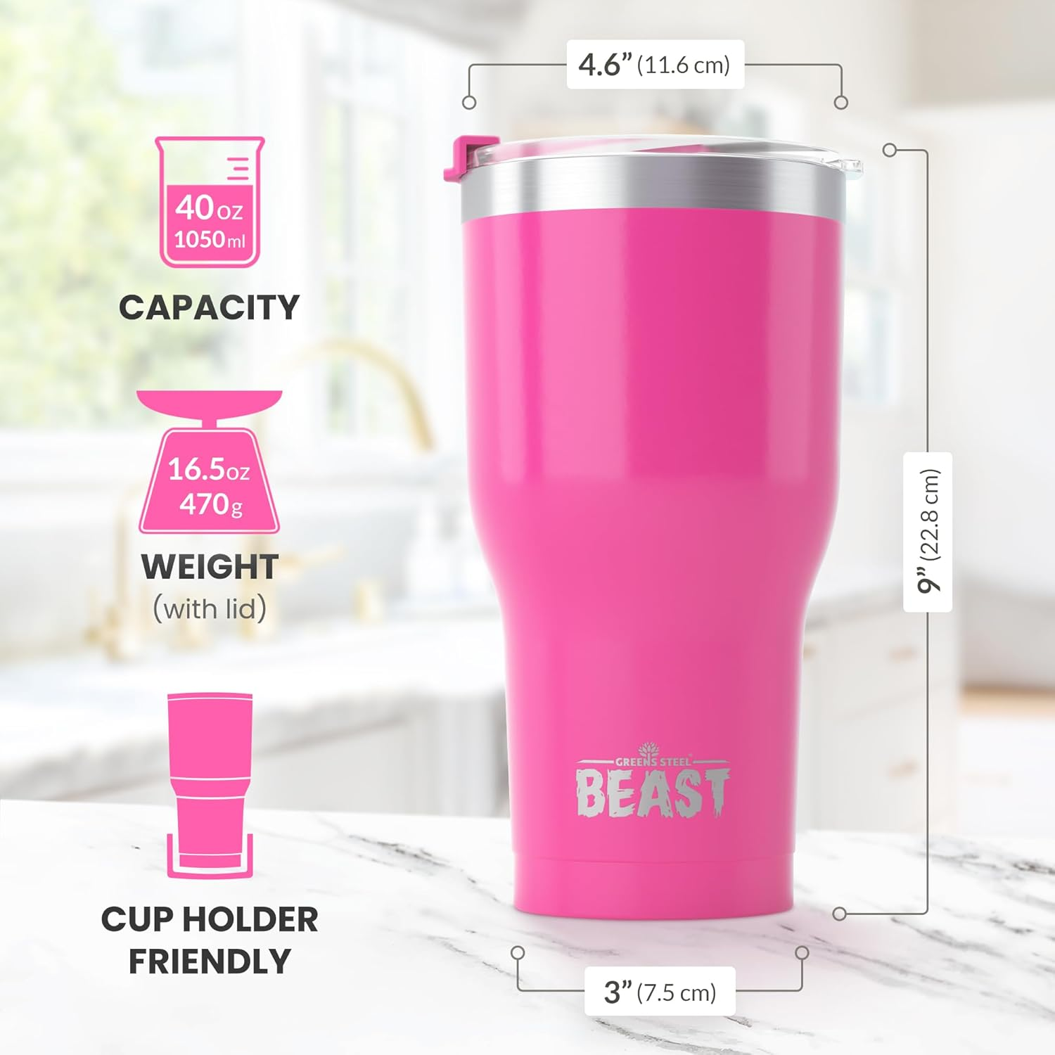 Greens Steel Beast 40 Oz Tumbler Stainless Steel Vacuum Insulated Coffee Ice Cup Double Wall Travel Flask by &hellip; (Cupcake Pink) image number 3