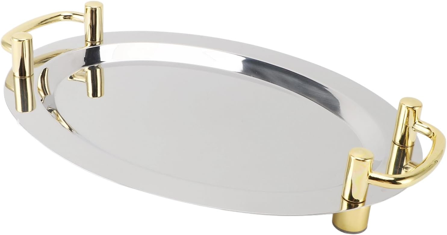 Stainless Steel Tray with Handle, Tea Drink Platter Platter, Service Tray, Decorative Serving Platter for Dessert, Fruit, Snack, Cafe, Banquet, Party (Rectangle Shape with Gold image number 2