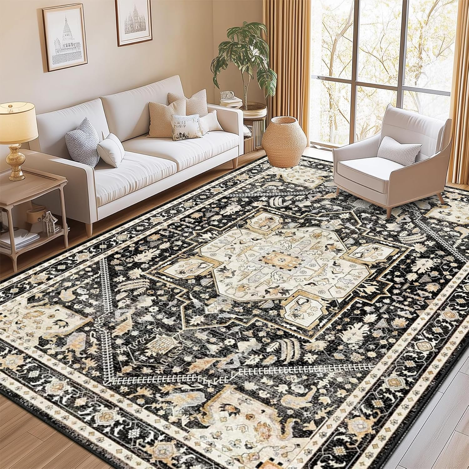 Washable Area Rugs, Soft Low Pile Faux Wool Vintage Carpet Non-Slip Boho Chic Floral Foldable Modern Abstract Large Rug for Living Room Bedroom Kitchen Office Floor Mat (Color 1, 120X180Cm) image number 5