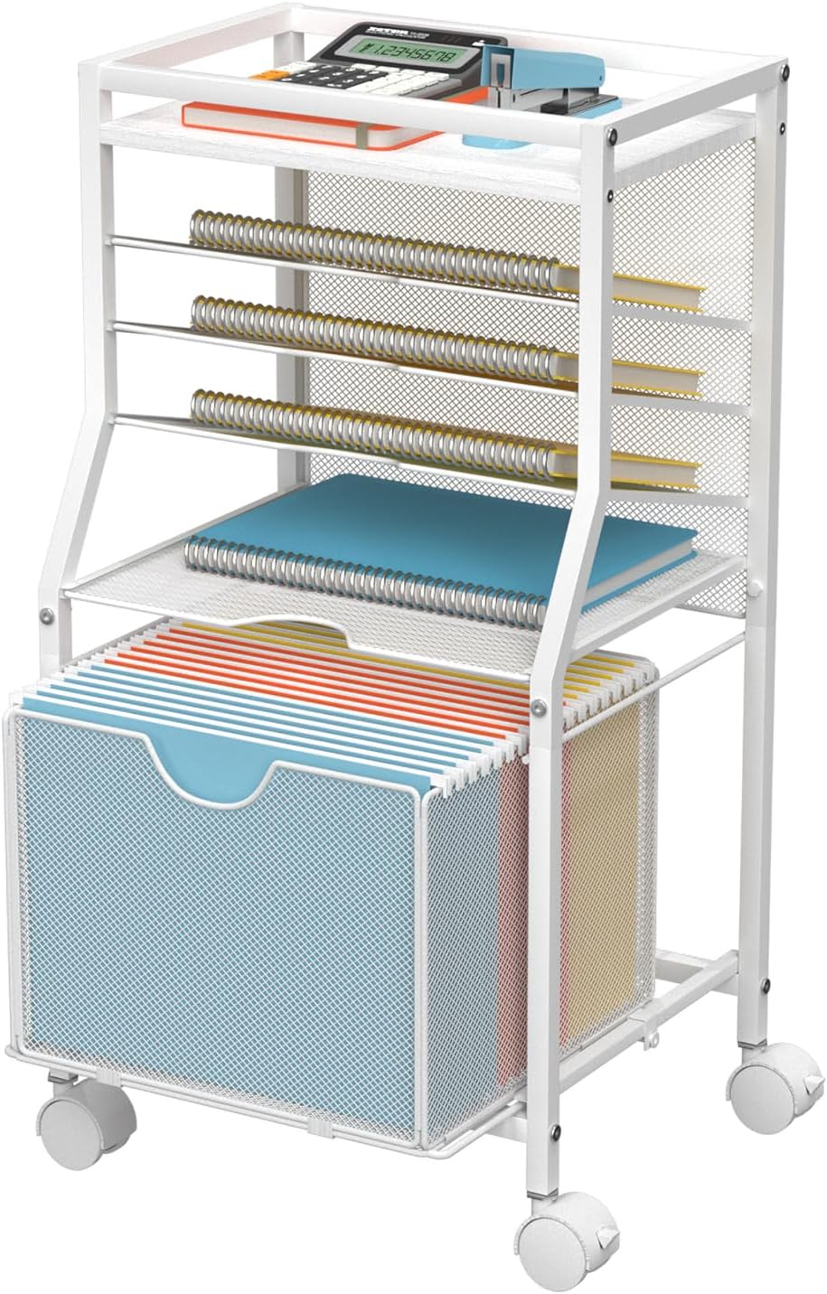 BOHDK Rolling File Cart, 6-Tier under Desk Organizer on Lockable Wheels, Wood Planks & Mesh File Cart with Sliding Drawer and Paper Trays for Office Home School, 14.8" L X 11.8" D X 27.7" H, White