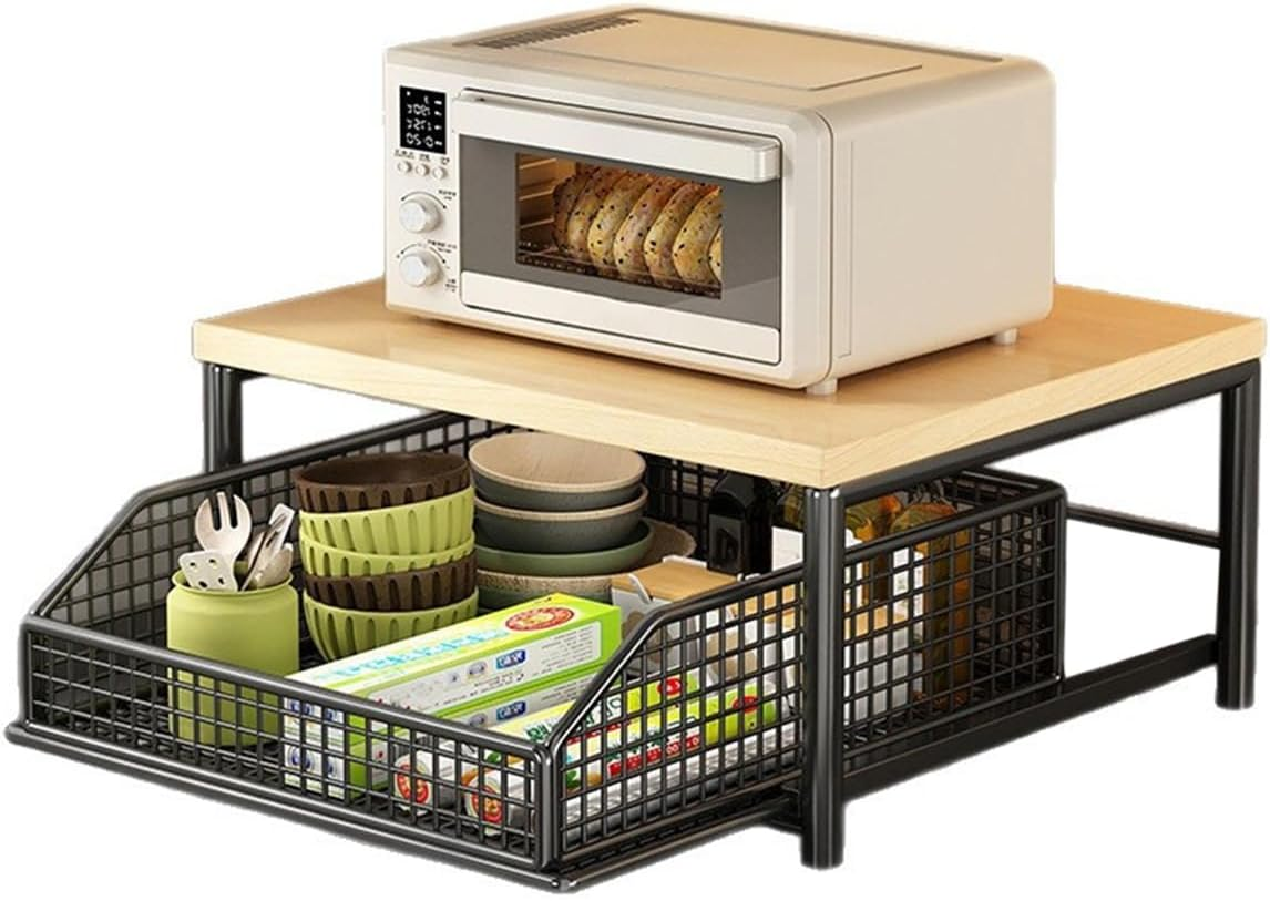 Jindanju Sturdy Hardwood Shelf for Coffee Maker-Space-Saving Kitchen Countertop Organizer with Drawer& Wire Basket Black image number 4