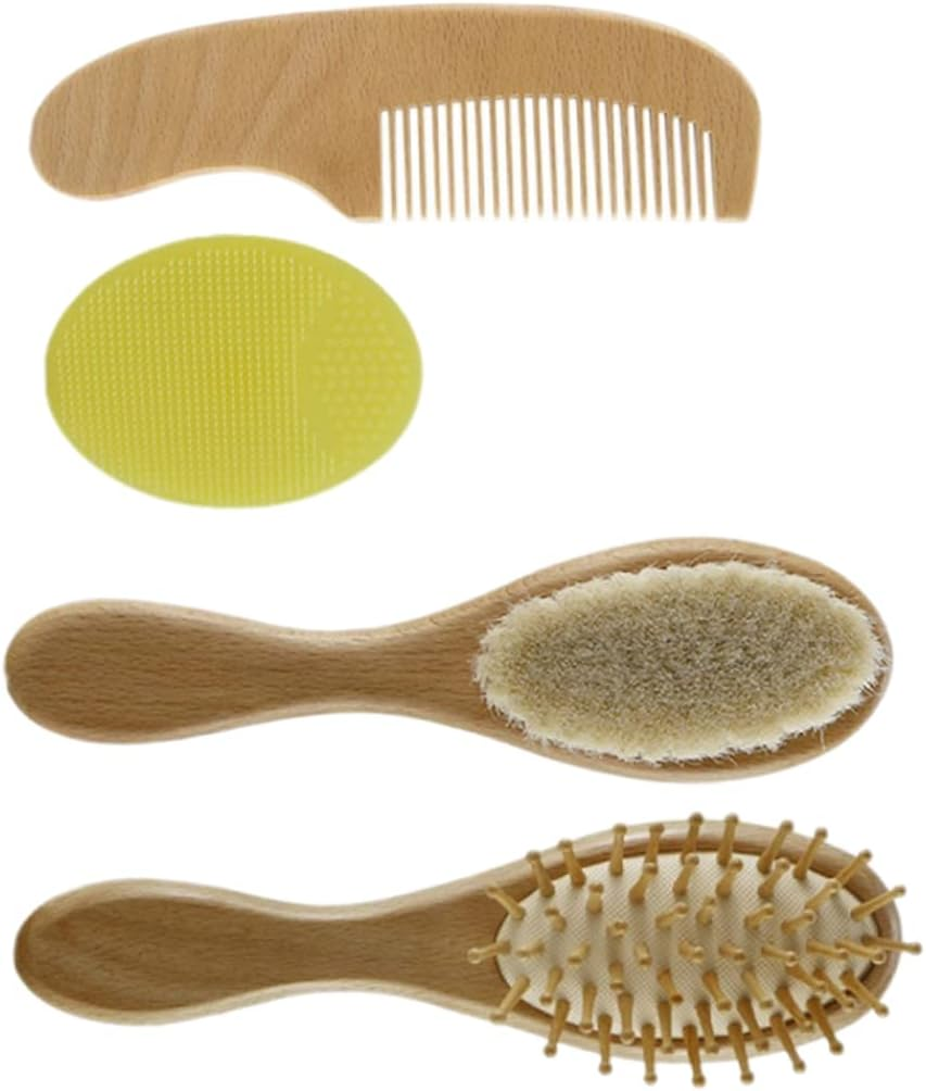 Baby Hair Brush Toddler Comb Set Wooden Goat Bristles Bath Brush Shower Scalp Massager Tool Baby Set 4PCS image number 1