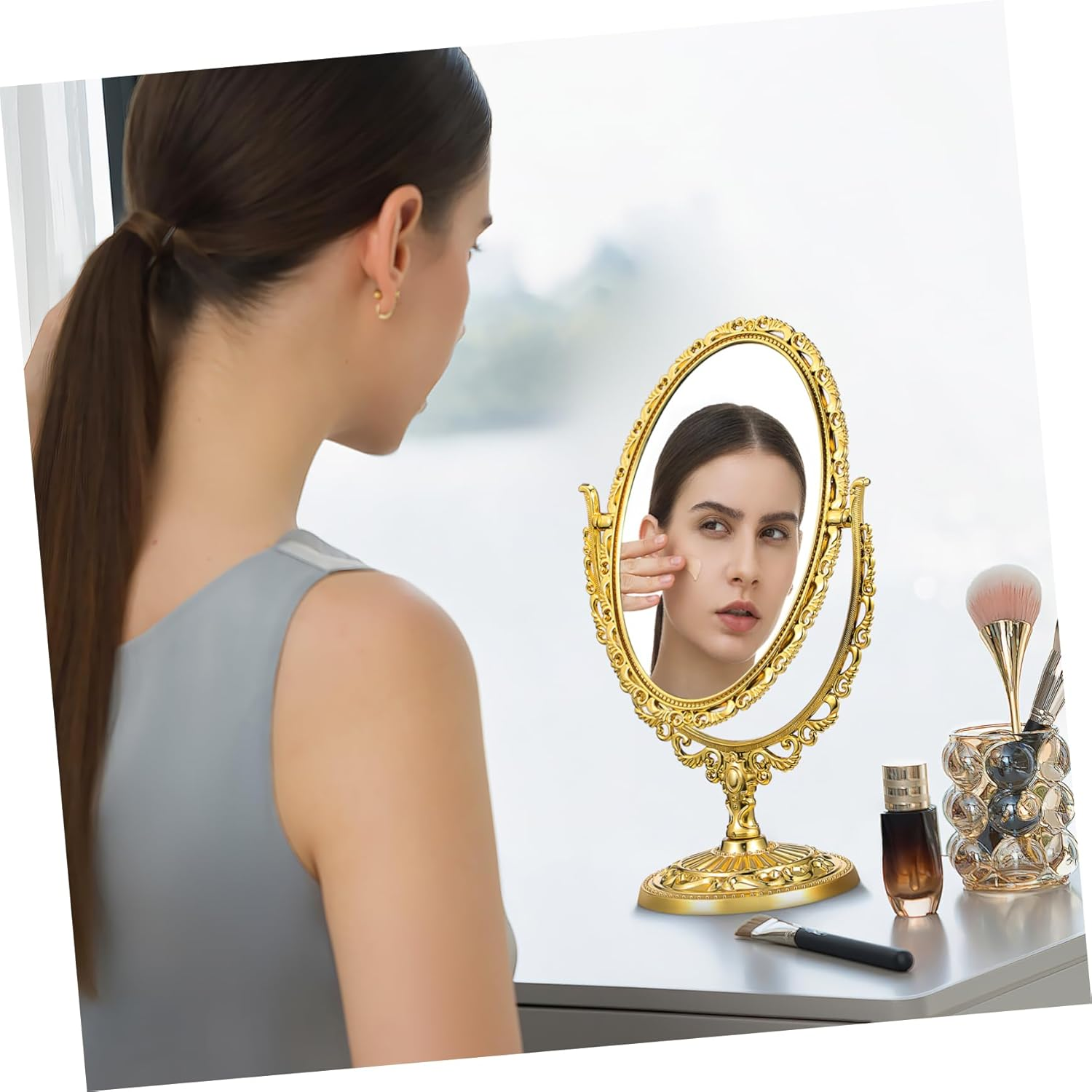 Baluue Plastic Glass Material Rotatable European Retro Dressing Vanity Mirror Double-Sided Makeup Mirror