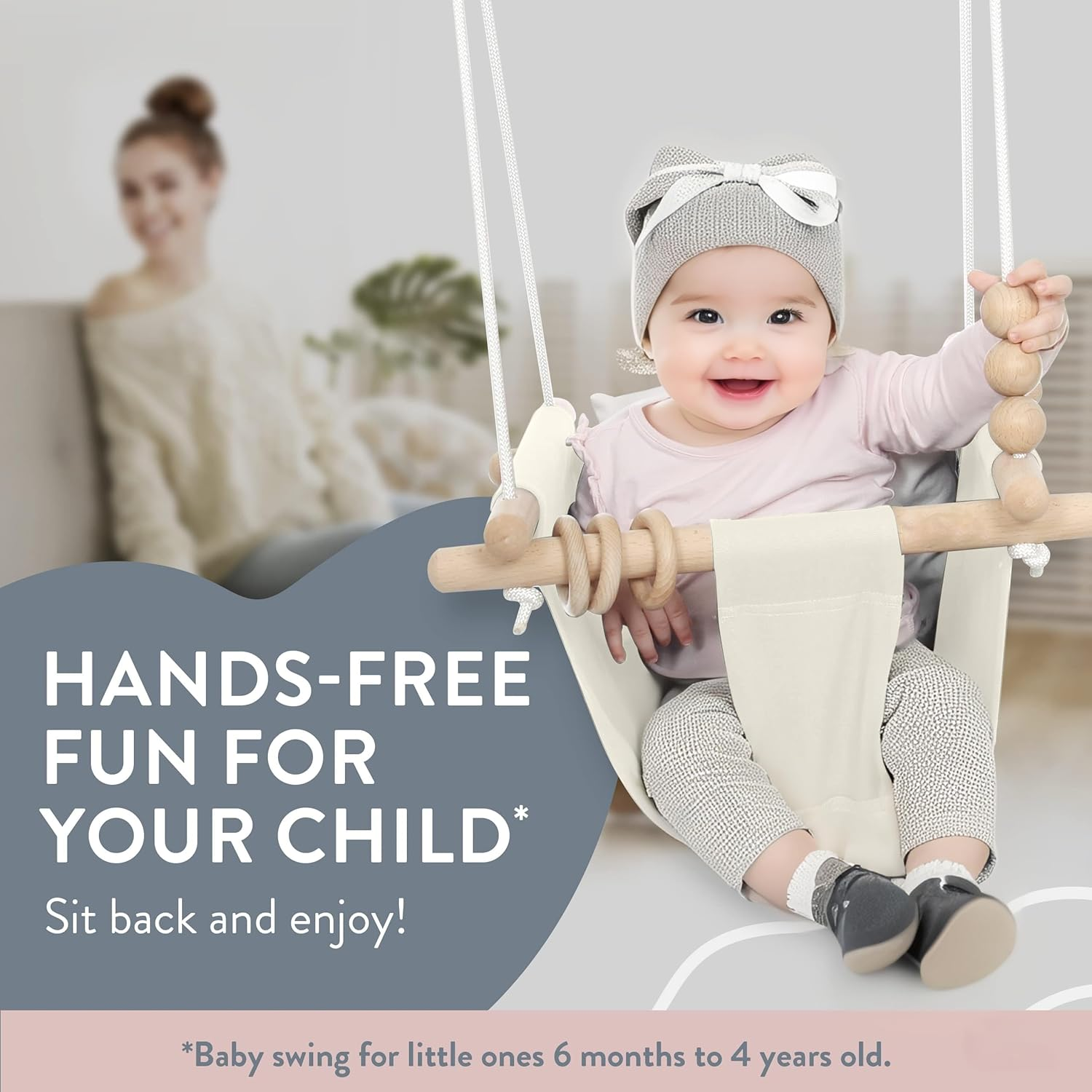 Baby Swing Chair for Indoor & Outdoor Fun &ndash; Soft Cotton Canvas Toddler Swing with Beech Wood Frame &ndash; Safe & Comfy Baby Toys &ndash; Ideal Sensory Swing for Playground & Home Use up to 4 Years