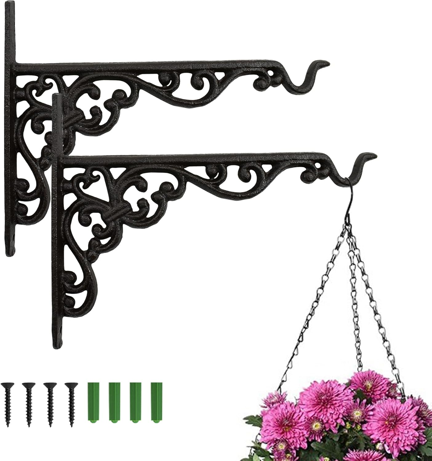 Mrmrkura 2 Pack 10 Inch Hanging Plant Bracket, Wrought Iron Plant Hangers Outdoor Indoor, Wall Hooks for Bird Feeder Hanger/Lantern Wind Chimes (2 Pcs)
