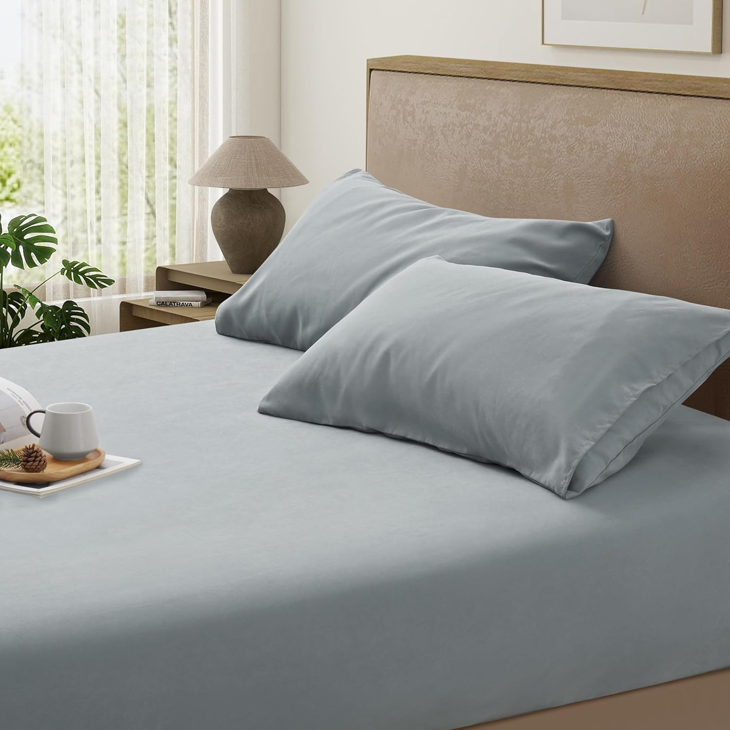 3 PCS Double Sheet Set, 1200TC Breathable and Ultra Soft Double Size Bed Sheets Set with Fitted Deep Pockets 40Cm, 1 Bedding Fitted Sheets & 2 Pillowcases (Grayish Green, Double)