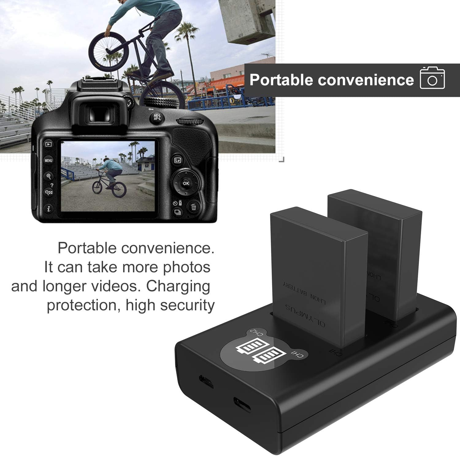 BLS-5 BLS-50 Battery (2 Pack) and Dual USB Charger Kit for Olympus BLS5/BLS50,OM-D E-M10 Mark III,OM-D E-M10 Mark II,OM-D E-M10,E-410,E-420,E-620,E-P1 image number 4