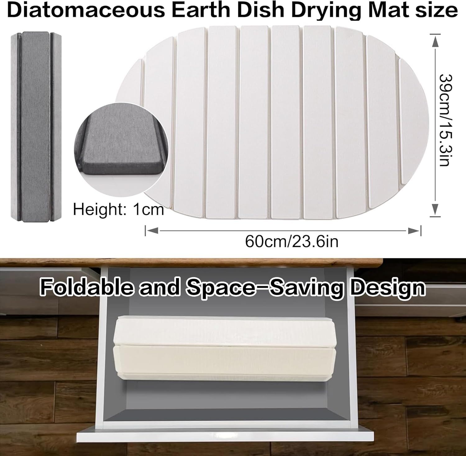 Diatomaceous Earth Dish Drying Mat, Fast Dry Stone Kitchen Counter Pad, Foldable Large Absorbent Dish Drying Stone Mat for Kitchen Dishes Bottles Cups Bathroom Any Countertop (White-Ellipse, 60X39Cm) - Grey image number 6