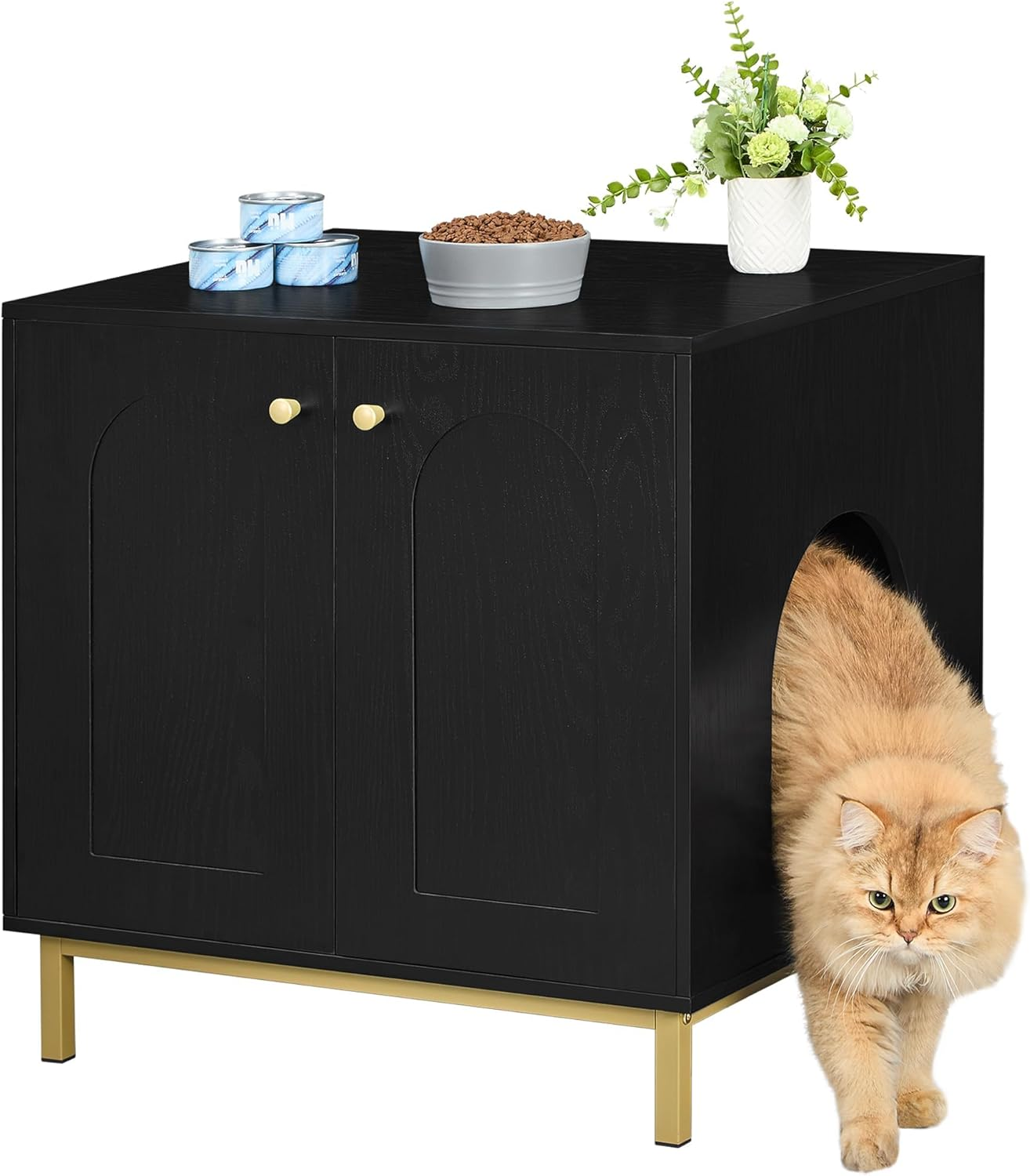 Cat Litter Box Enclosure, Hidden Litter Box Furniture Cabinet, Wooden Indoor Cat House, Side End Table, Living Room, Bedroom, Black and Gold CB81204G image number 4