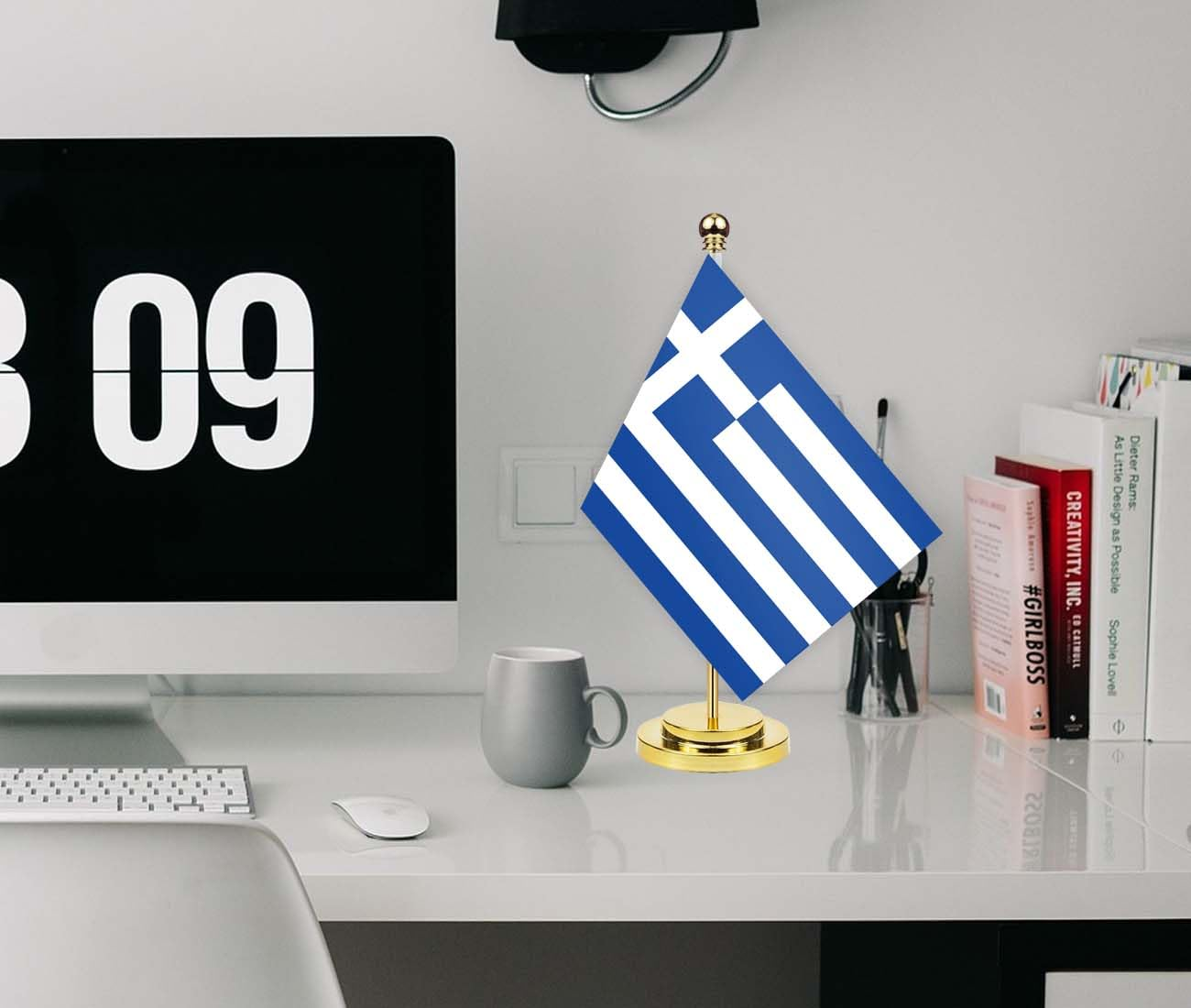 Greece Desk Flag,12 Inch Tall Small Greek Indoor Banner,Tiny Printing Decor for Office Home Table Meeting with Golden Metal Pole Base image number 2