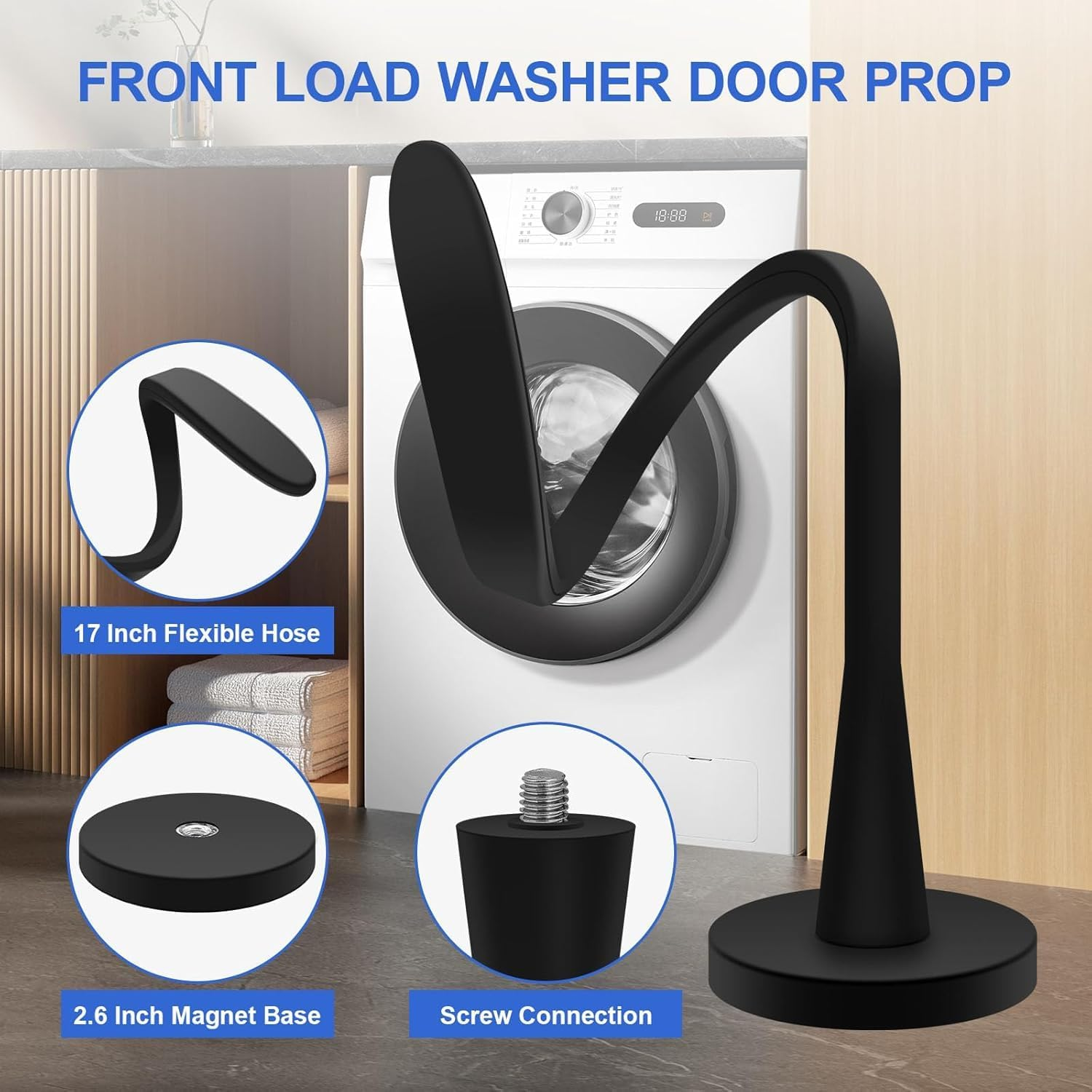 Front Load Washing Machine Door Stopper - Tool-Free Installation Washer Door Prop, Stainless Steel Holder to Keep Washer Ajar, Prevents Mold/Mildew Odors (Black) - Black image number 2