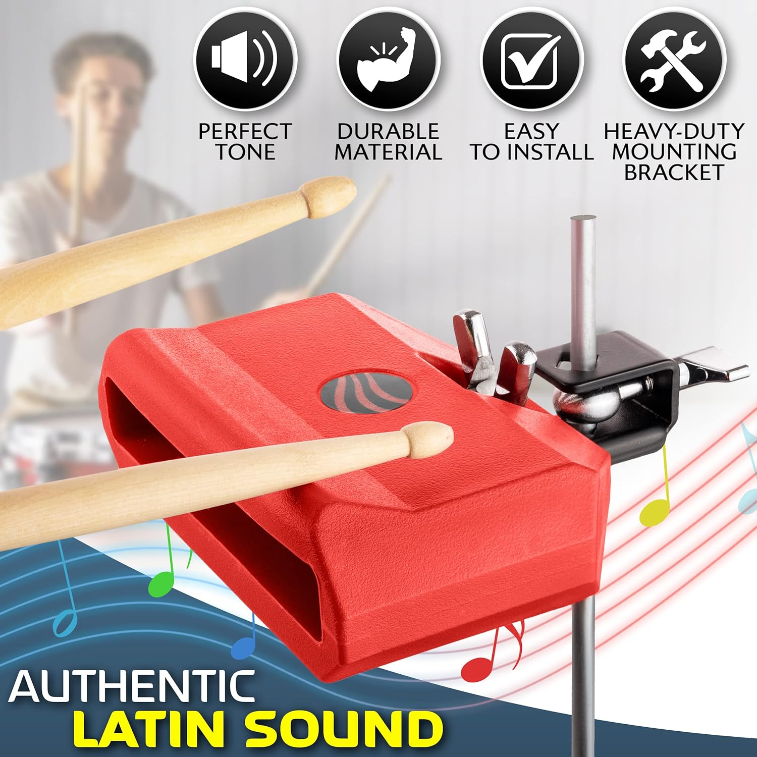 Jam Drum Block Latin Percussion Red Plastic Musical Instrument Adjustable Mount Bracket with A5 Maple Drum Sticks Set image number 4