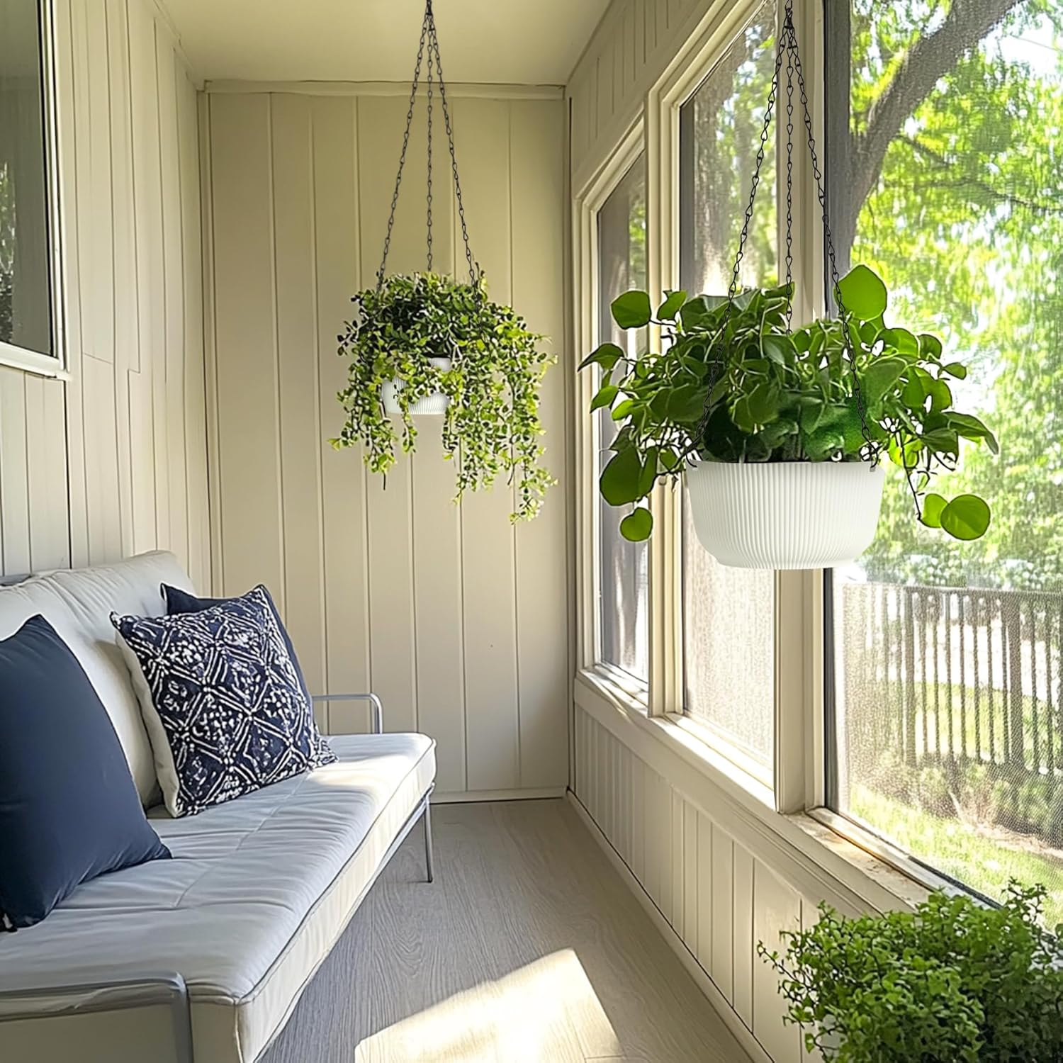 T4U Hanging Planter Self Watering 8 Inch, 2 Pack White Indoor Outdoor Hanging Plant Pots, Hanging Flower Pot with Drainage Hole & Plug & Chain with 3 Hooks for Garden Home Decor image number 4