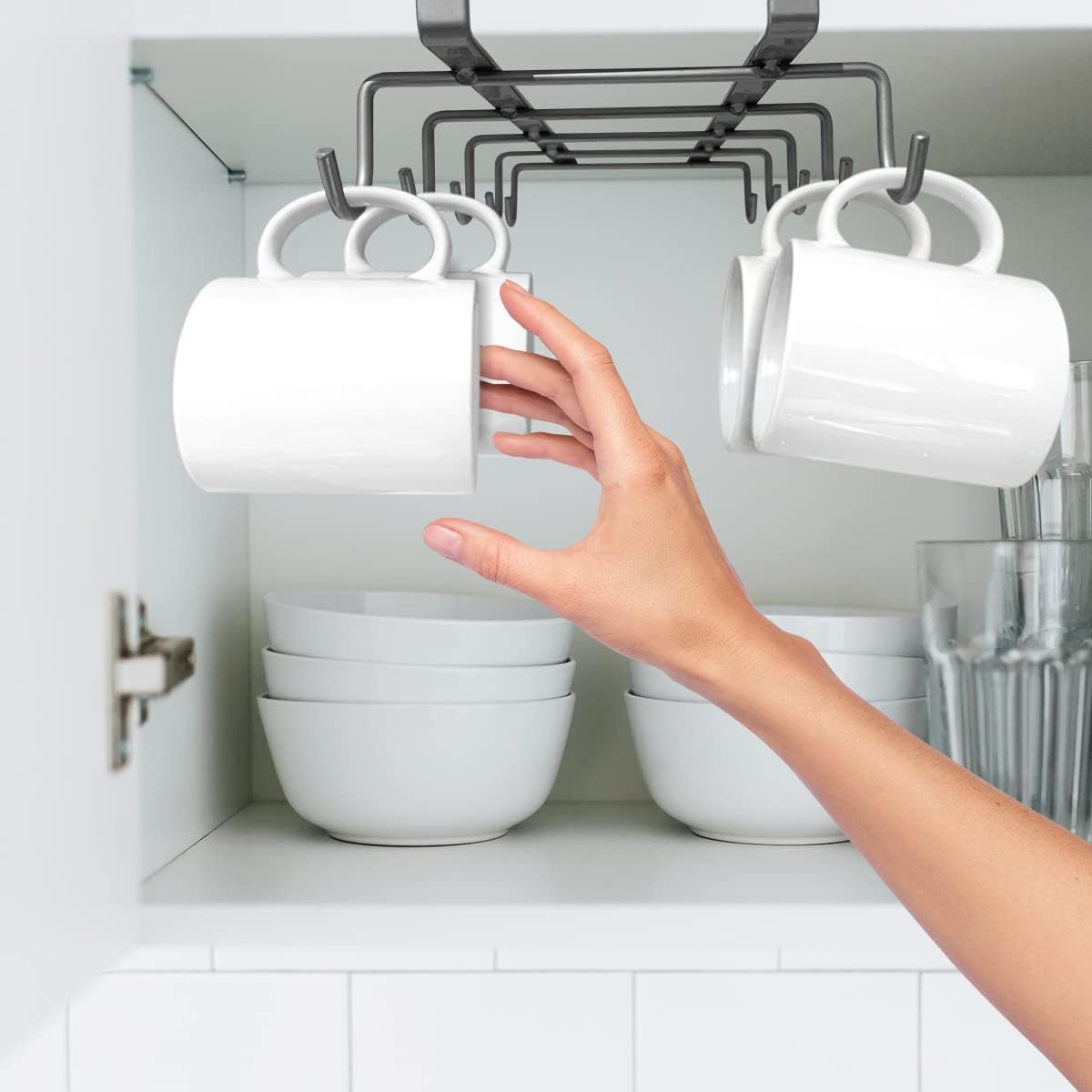 Joeji'S Kitchen Mug Holder & Cupboard Organiser | Silver Kitchen Cupboard Storage Organiser Ideal as Cup Holder or Mug Rack | Iron Wire Cupboard Shelf Organiser with Mug Hooks under Shelf image number 3