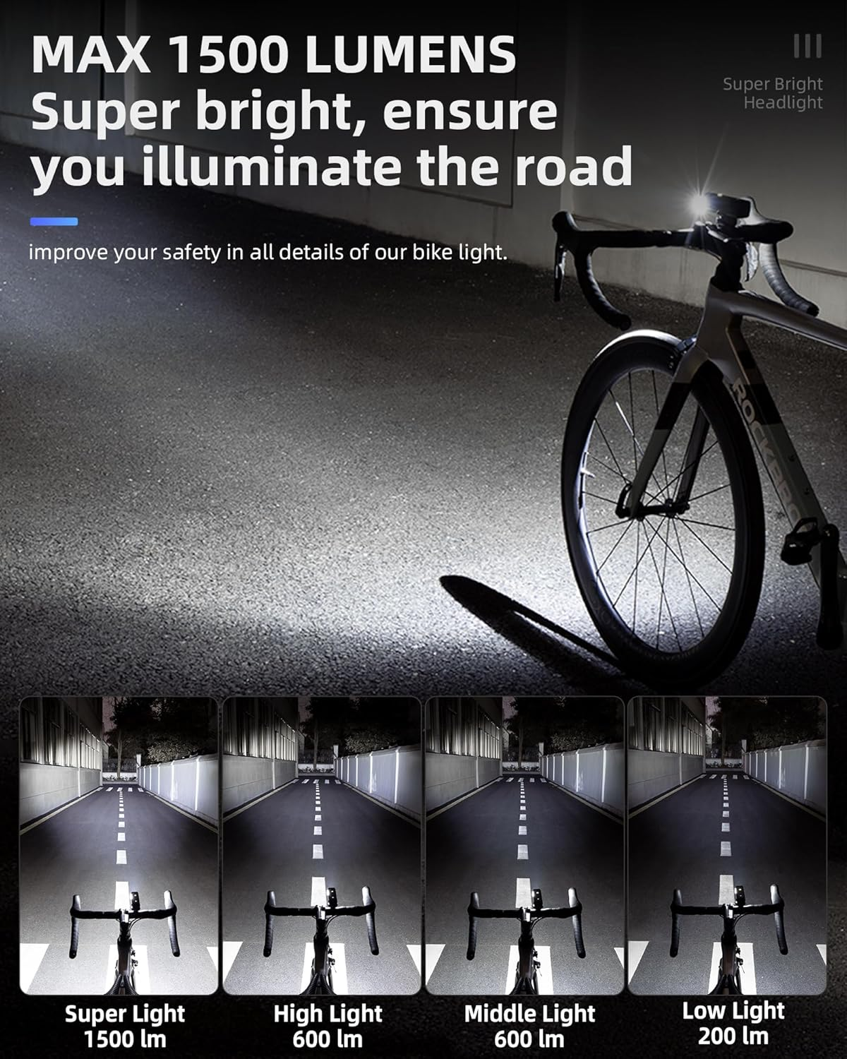 ROCKBROS 1500 Lumens Bike Light for Night Riding, 5000Mah USB-C Rechargeable Bike Headlight, Aluminium Alloy IPX6 Waterproof Bike Front Light image number 5