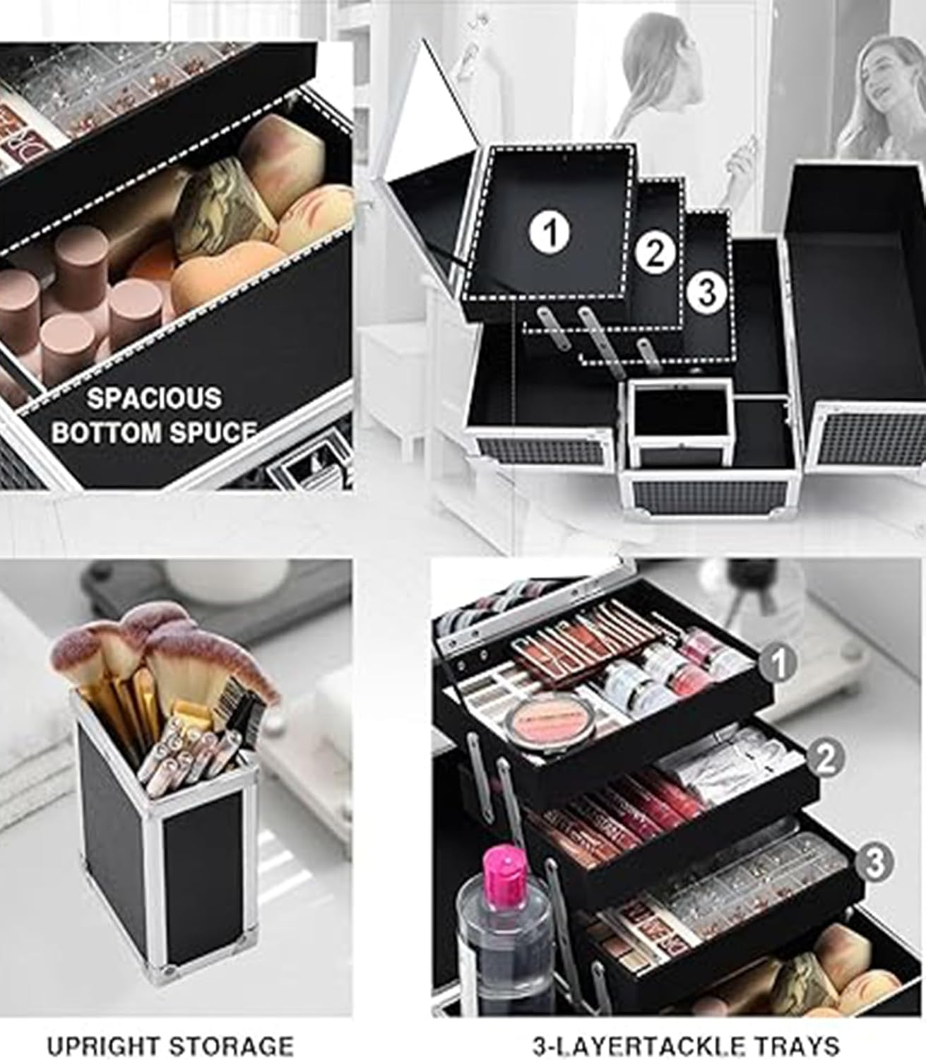 Makeup Box with Drawer, Waterproof Travel Train Case, Cosmetic Organizer and Makeup Suitcase ，Multi Compartments Beauty Box and Shoulder Strap (Black) - Black image number 4