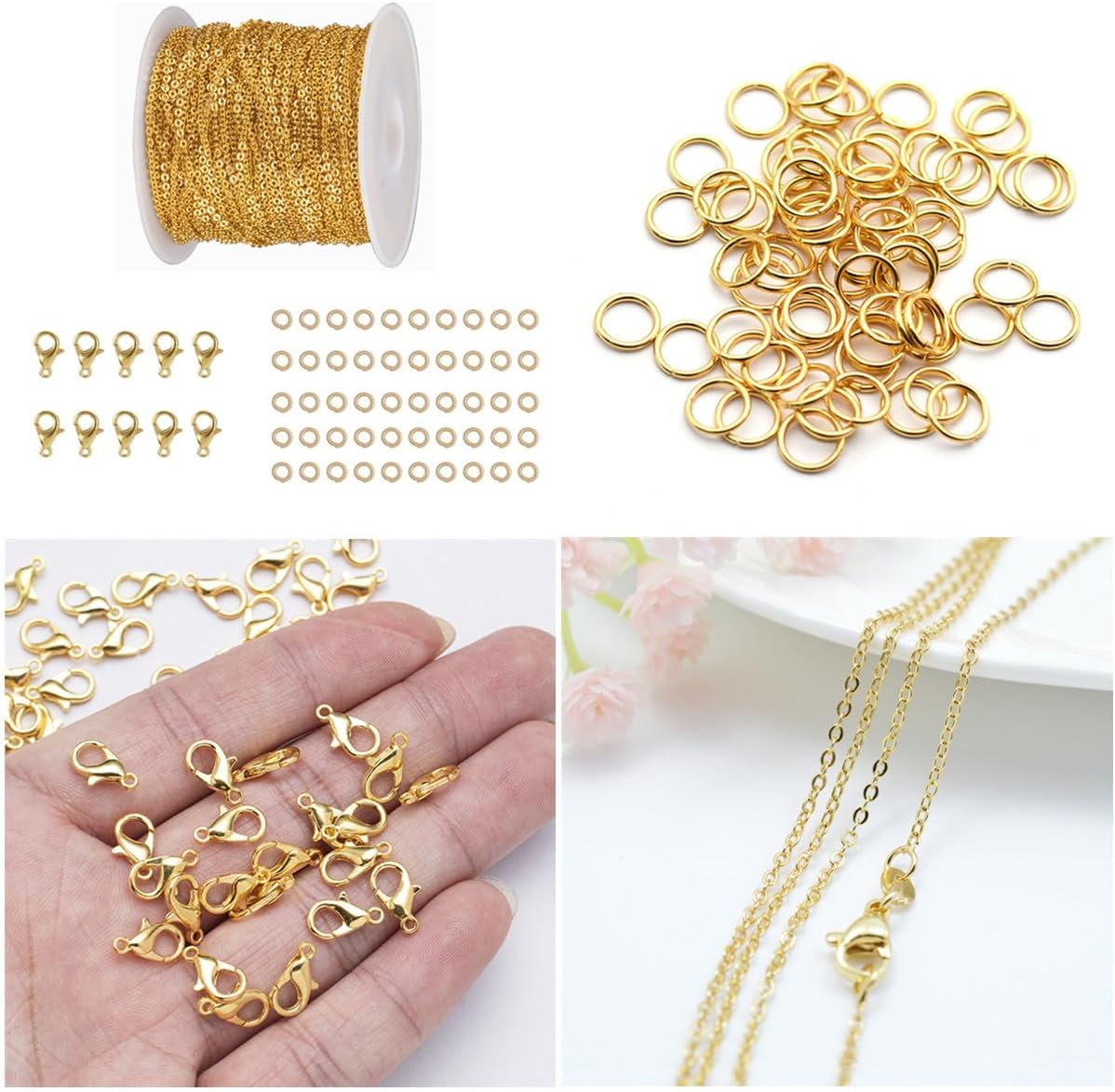 16.4Feet/Roll Metal Necklace Chain Roll, with 10 Lobster Clasps 50 Jump Rings,For Jewelry Bracelet Necklace Pendant Making(Golden)